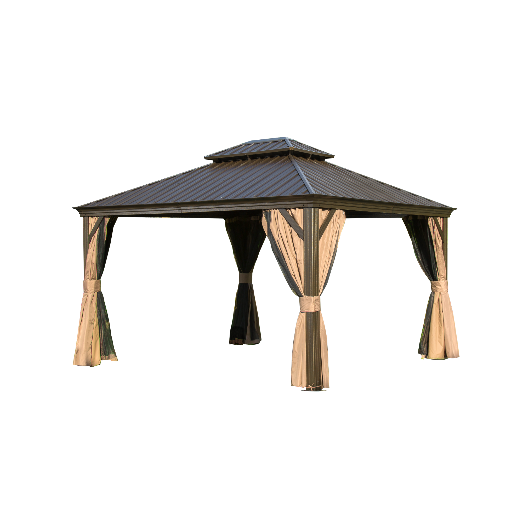 12 X14  Hardtop Gazebo, Outdoor Aluminum Frame Canopy With Galvanized Steel Double Roof, Outdoor Permanent Metal Pavilion With Curtains And Netting For Patio, Backyard And Lawn Brown