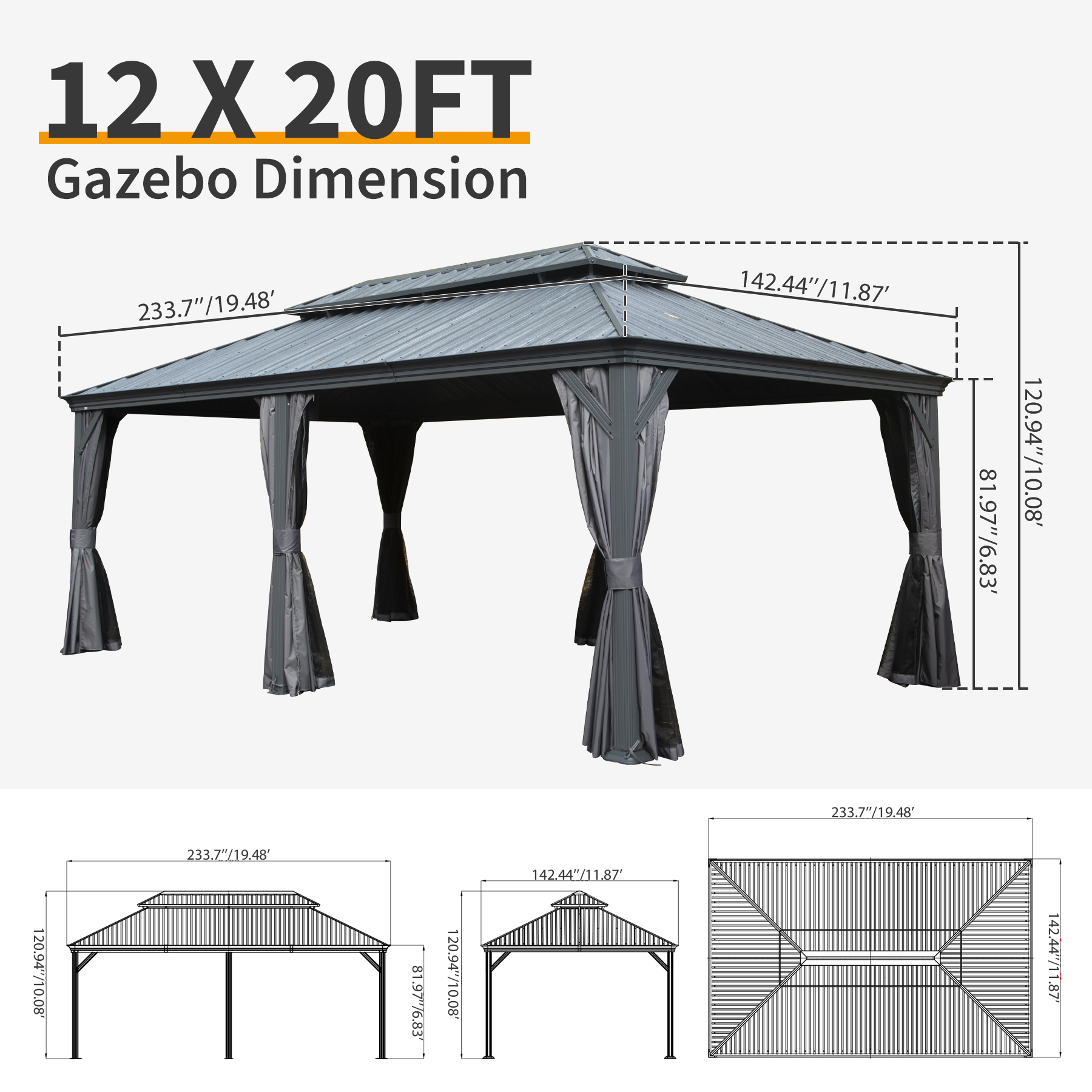 12  X 20  Hardtop Gazebo, Upgraded Metal Gazebo With Drainage System, Dual-Layer Galvanized Steel Roof, Curtain And Netting, Outdoor Shelter Canopy For Patio, Garden, And Backyard, Grey