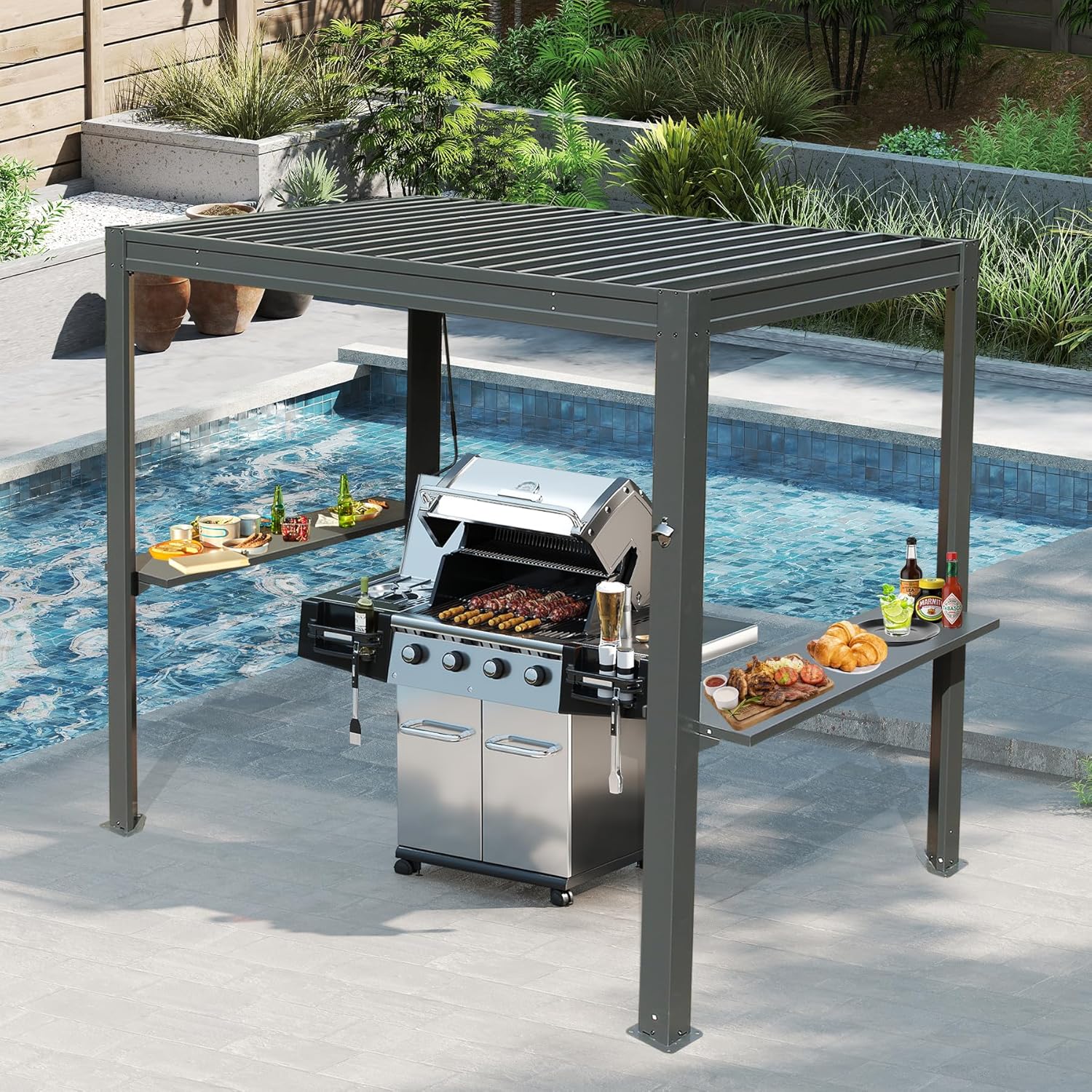 8x5 FT Grill Louvered Pergola For Outdoor Grill, Hardtop Grill Pergola With Built-in Gutter  Adjustable Rainproof Roof, Metal Shelter Gazebo For Patio B Ackyard Deck -Gray