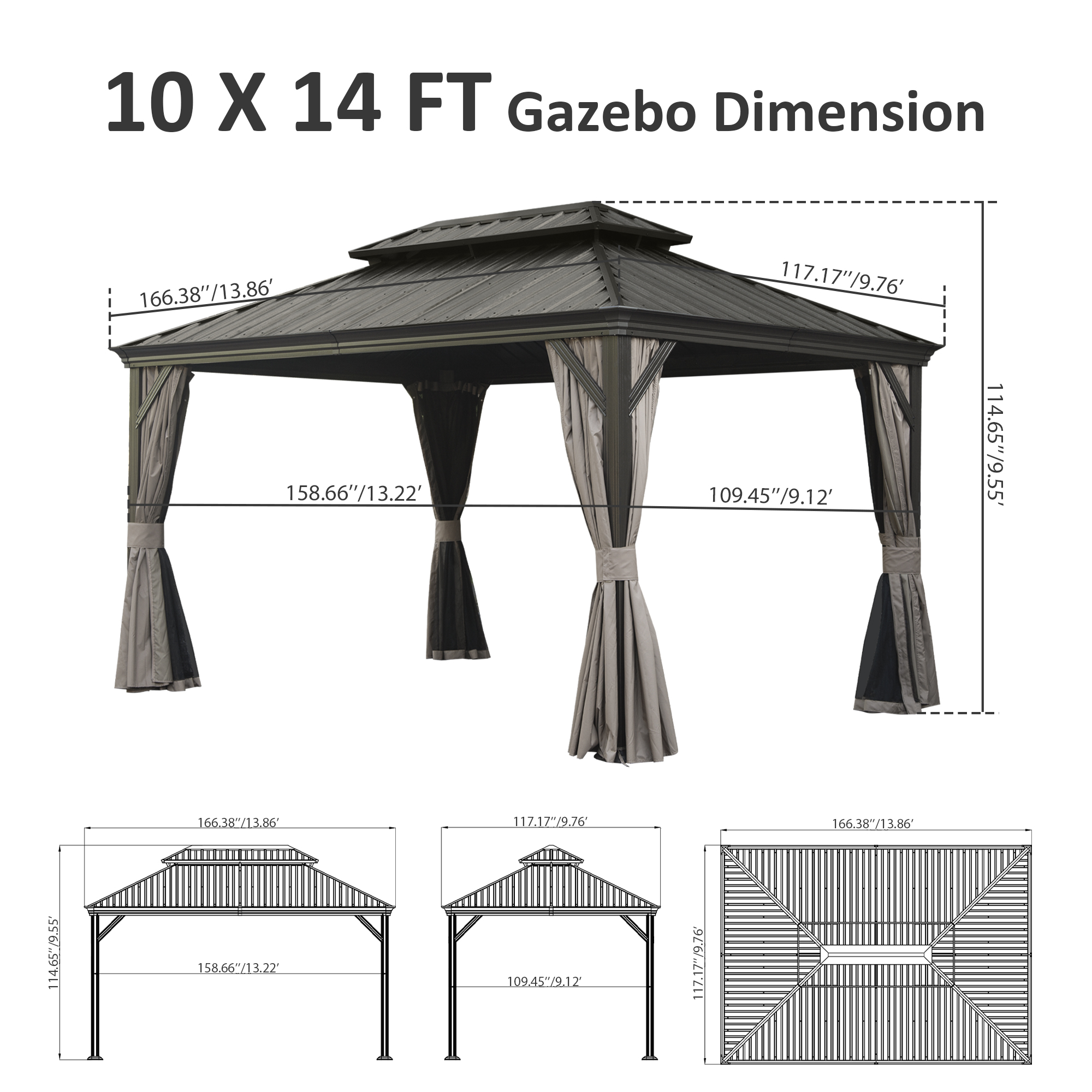 10  X 14  Hardtop Gazebo, Upgraded Metal Gazebo With Drainage System, Dual-Layer Galvanized Steel Roof, Curtain And Netting, Outdoor Shelter Canopy For Patio, Garden, And Backyard, Brown