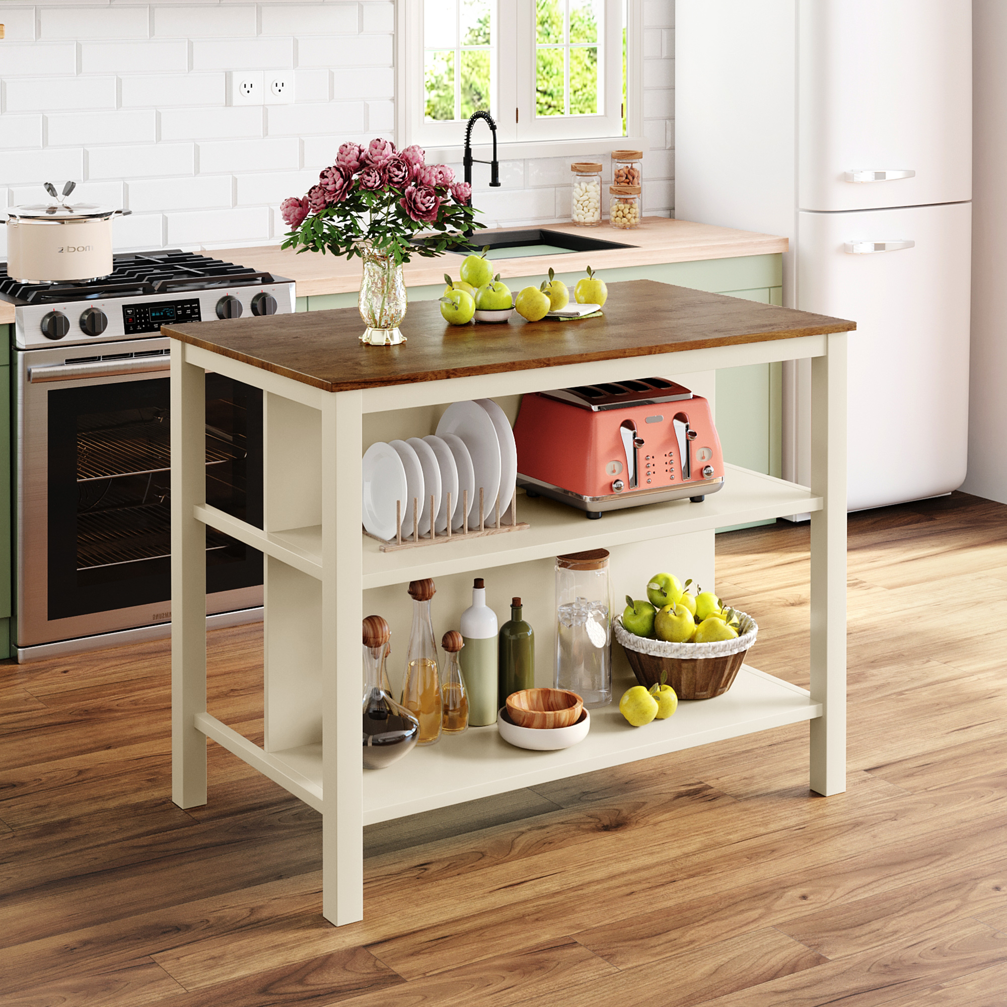 TOPMAx Solid Wood Rustic 45 Stationary Kitchen Island Rubber Wood Butcher Block Dining Table Prep Table With 2 Open Shelves For Small Places Walnut Cream White_voghion.com