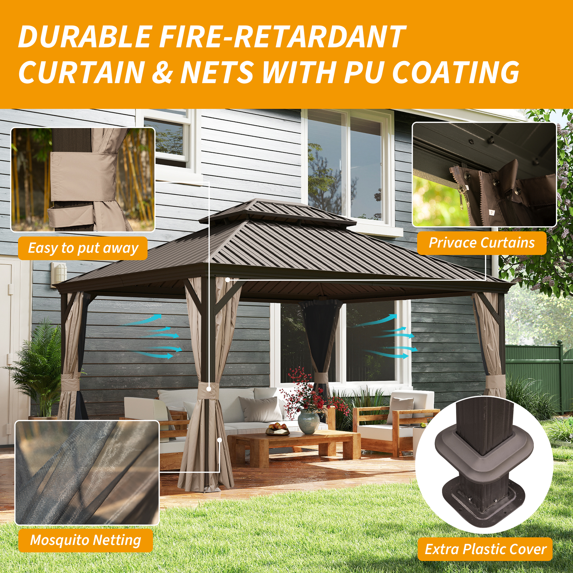 12  X 14  Hardtop Gazebo, Upgraded Metal Gazebo With Drainage System, Dual-Layer Galvanized Steel Roof, Curtain And Netting, Outdoor Shelter Canopy For Patio, Garden, And Backyard, Brown
