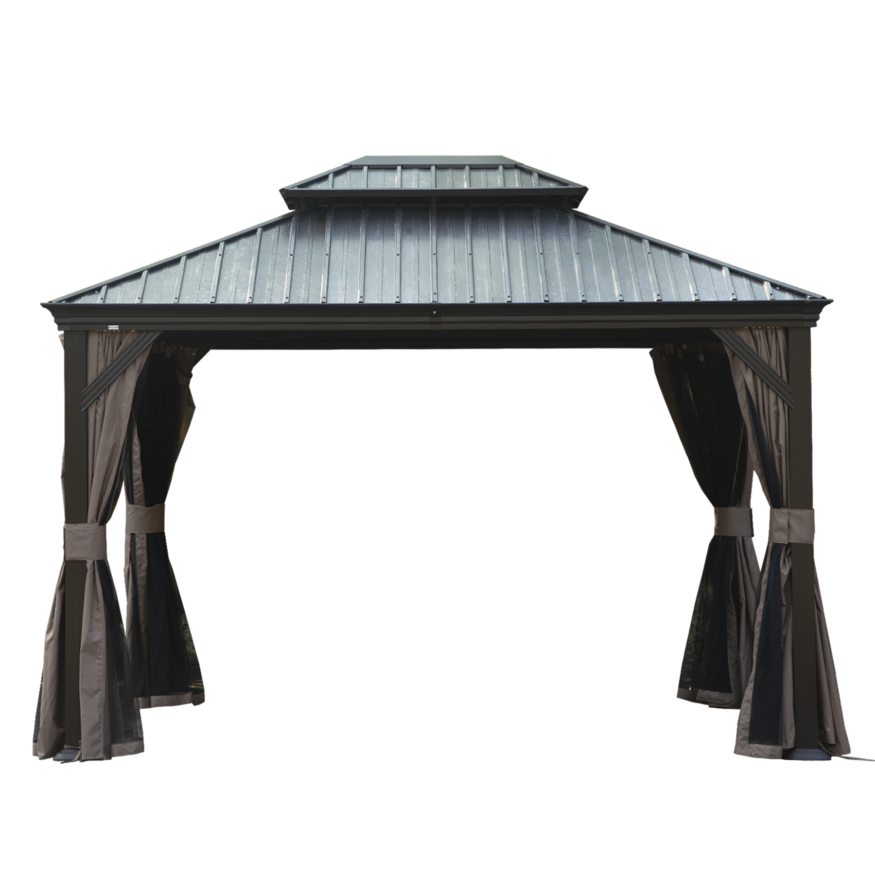 12  X 14  Hardtop Gazebo, Upgraded Metal Gazebo With Drainage System, Dual-Layer Galvanized Steel Roof, Curtain And Netting, Outdoor Shelter Canopy For Patio, Garden, And Backyard, Brown