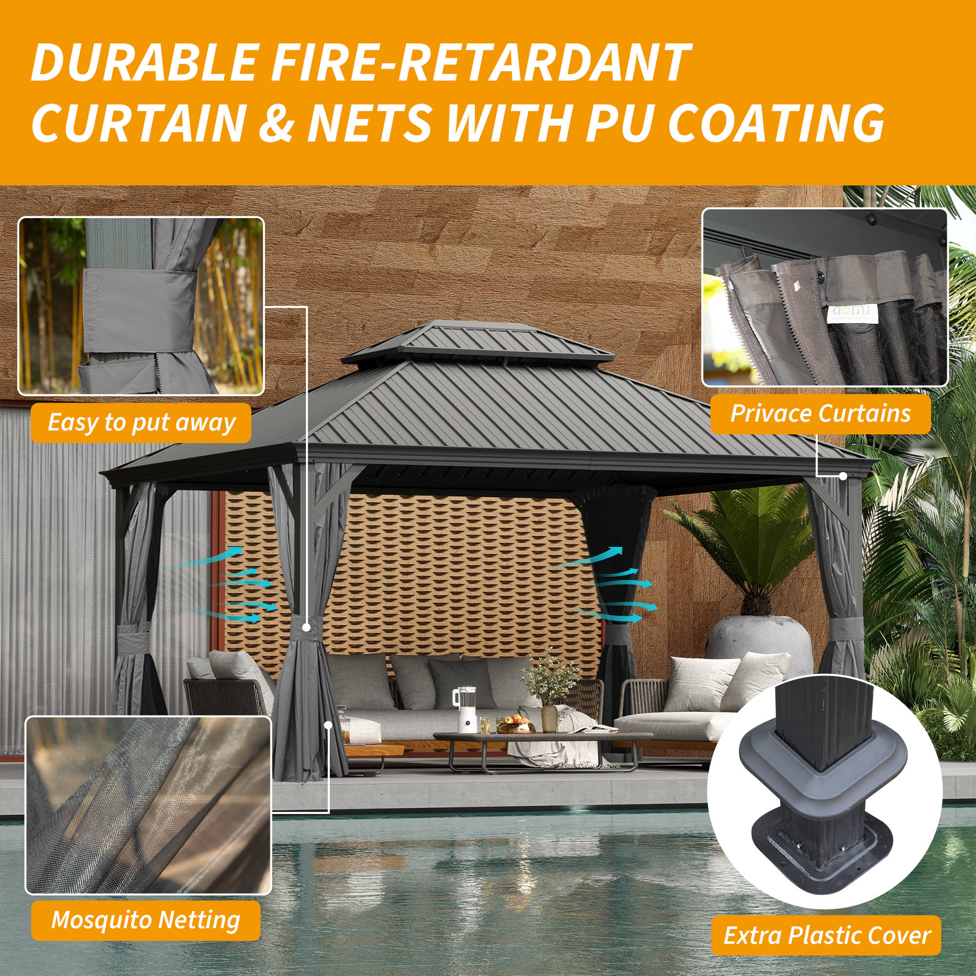 12  X 14  Hardtop Gazebo, Upgraded Metal Gazebo With Drainage System, Dual-Layer Galvanized Steel Roof, Curtain And Netting, Outdoor Shelter Canopy For Patio, Garden, And Backyard, Grey