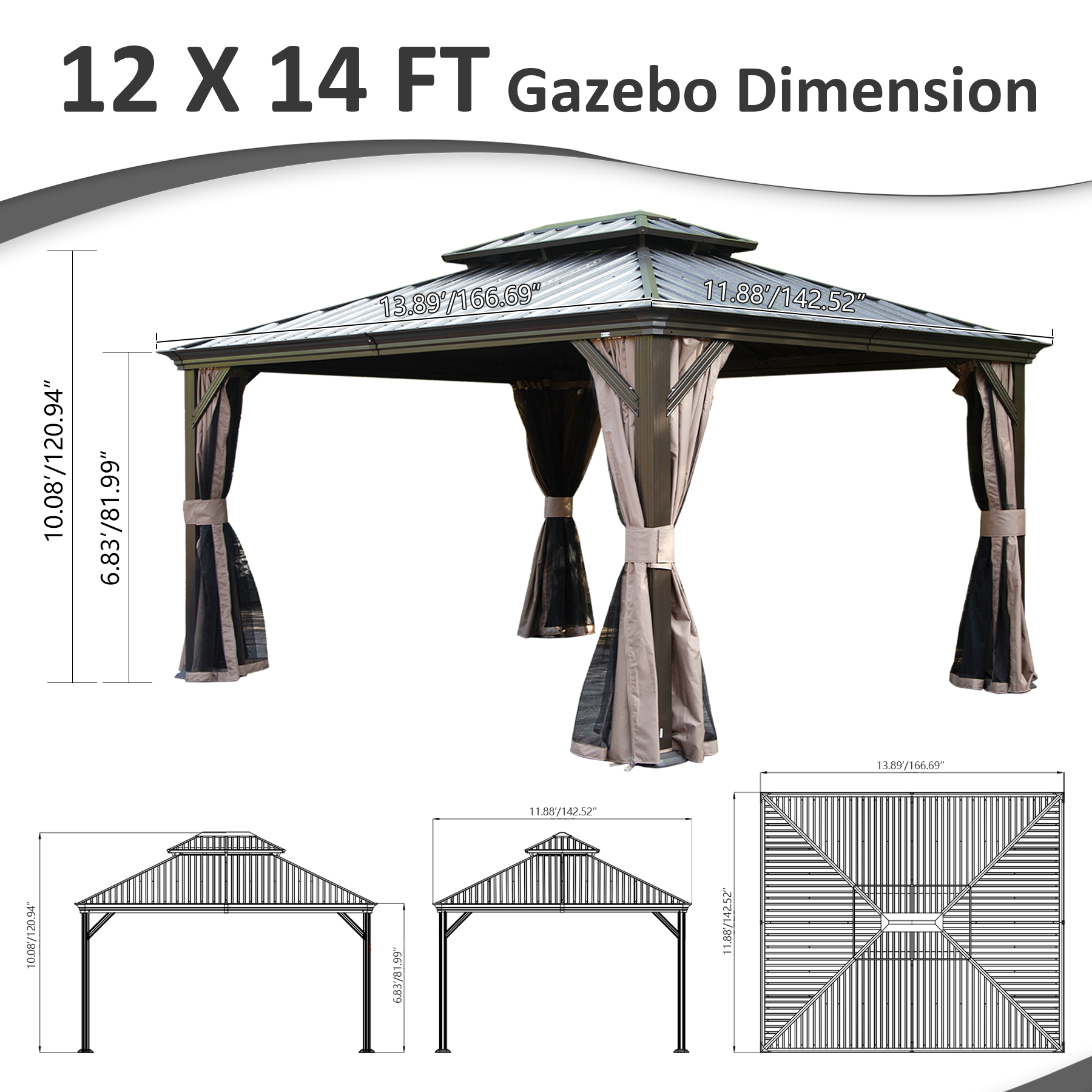 12 X 14 Hardtop Gazebo, Upgraded Metal Gazebo With Drainage System, Dual-Layer Galvanized Steel Roof, Curtain And Netting, Outdoor Shelter Canopy For Patio, Garden, And Backyard, Brown