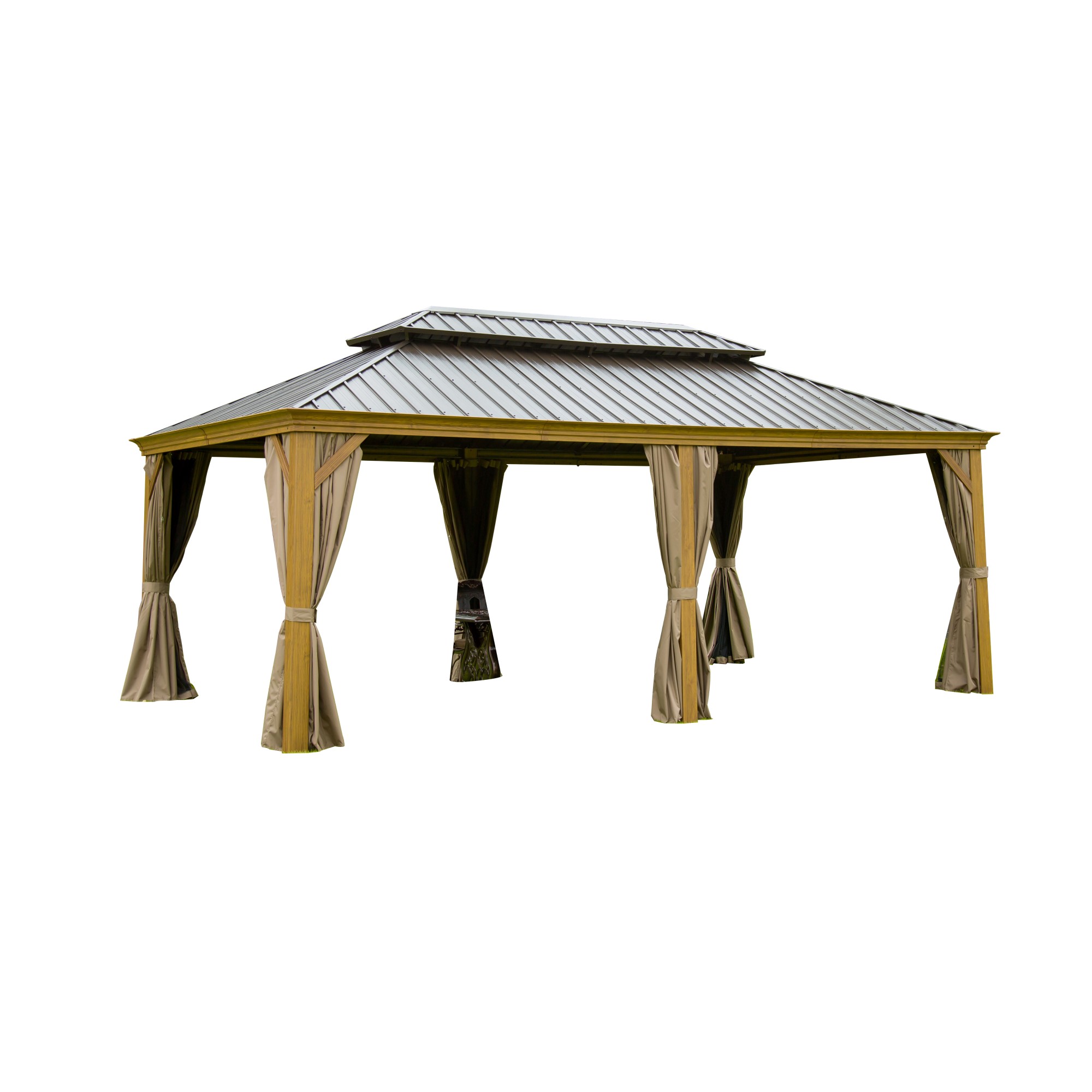 12 X20  Hardtop Gazebo Outdoor Aluminum Wood Grain Gazebos With Galvanized Steel Double Canopy For Patios Deck Backyard,Curtains&Netting  Wood-Looking