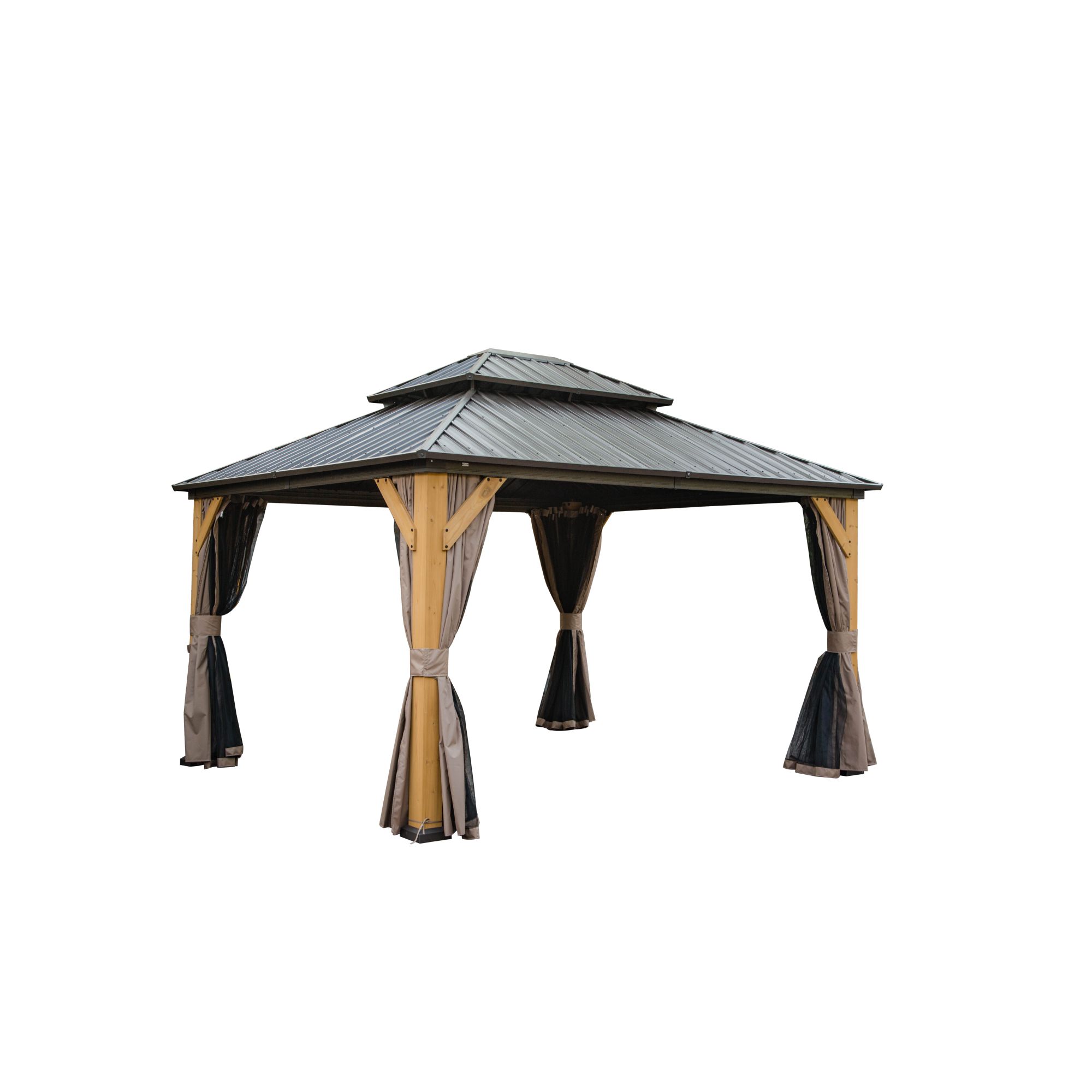 12 X14  Hardtop Gazebo, Outdoor Cedar Wood Frame Canopy With Galvanized Steel Double Roof, Outdoor Permanent Metal Pavilion With Curtains And Netting For Patio, Backyard And Lawn Brown