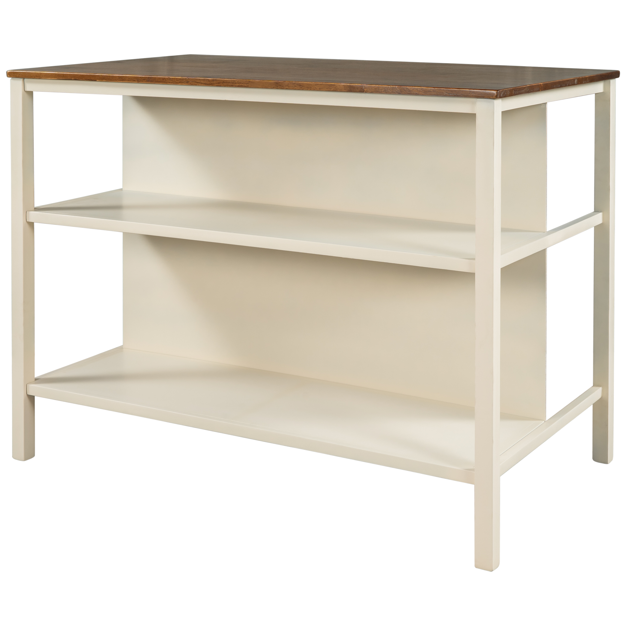 TOPMAx Solid Wood Rustic 45 Stationary Kitchen Island Rubber Wood Butcher Block Dining Table Prep Table With 2 Open Shelves For Small Places Walnut Cream White_voghion.com