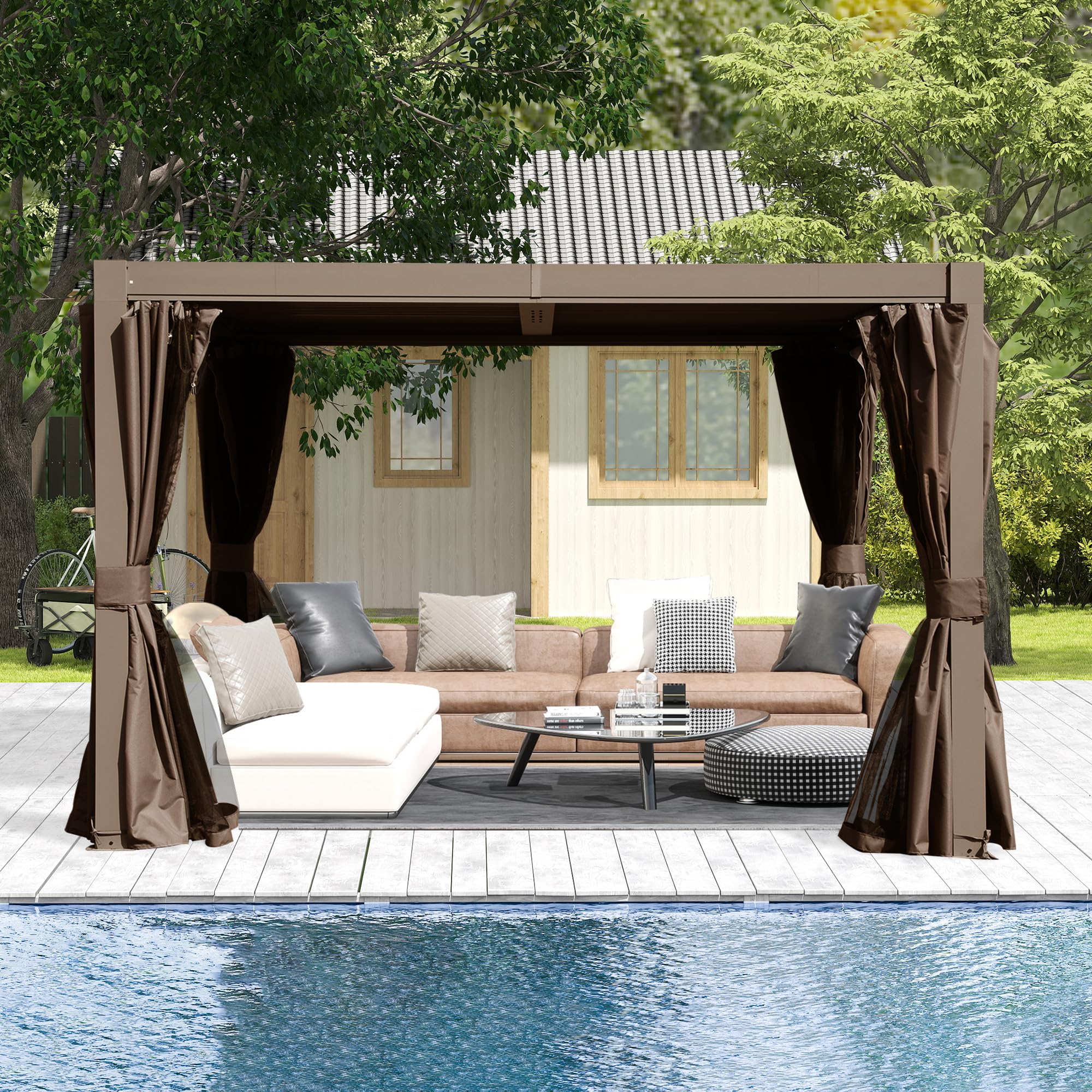 10x10 FT Outdoor Louvered Pergola With Adjustable Louvers-Brown