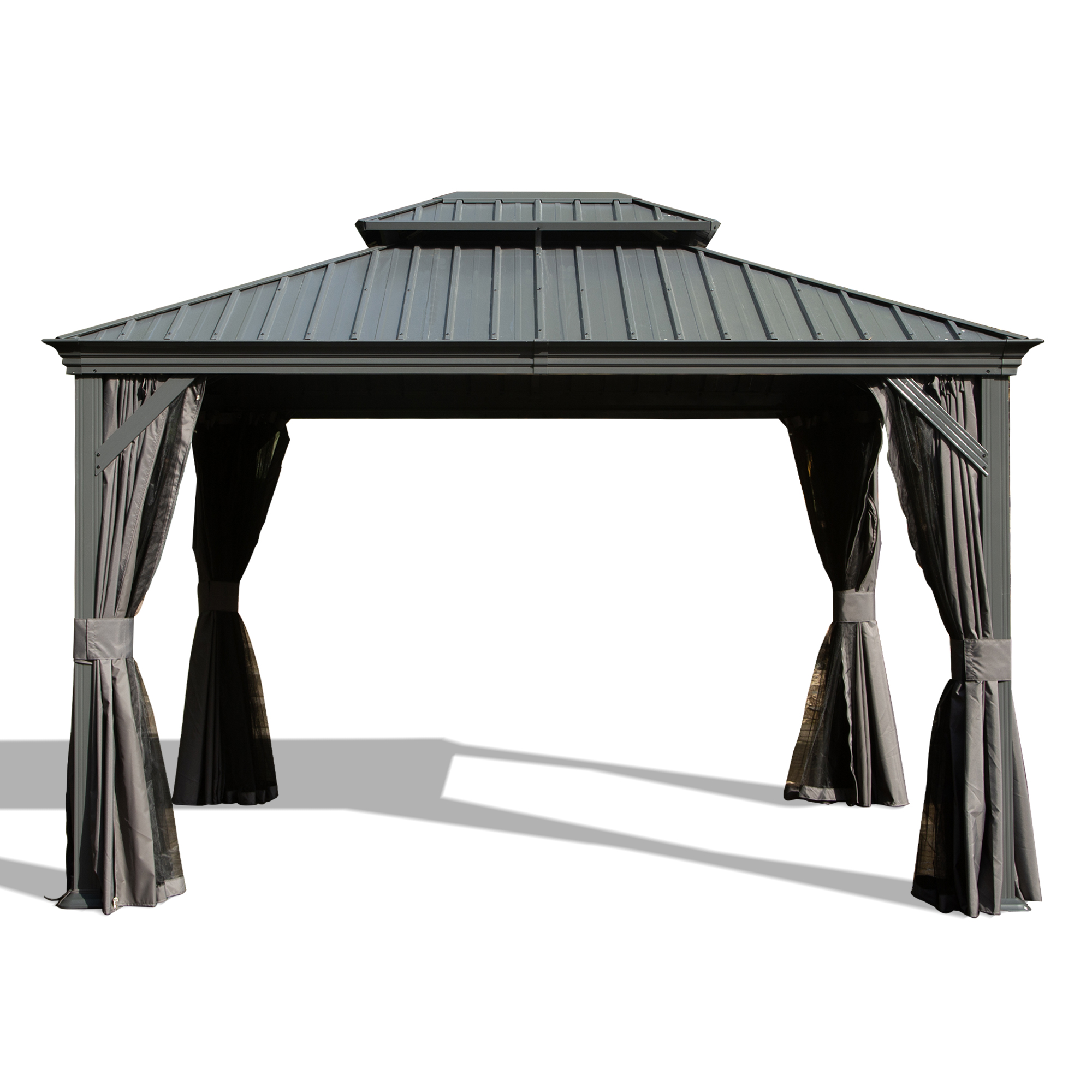 12  X 14  Hardtop Gazebo, Upgraded Metal Gazebo With Drainage System, Dual-Layer Galvanized Steel Roof, Curtain And Netting, Outdoor Shelter Canopy For Patio, Garden, And Backyard, Grey - Image 1