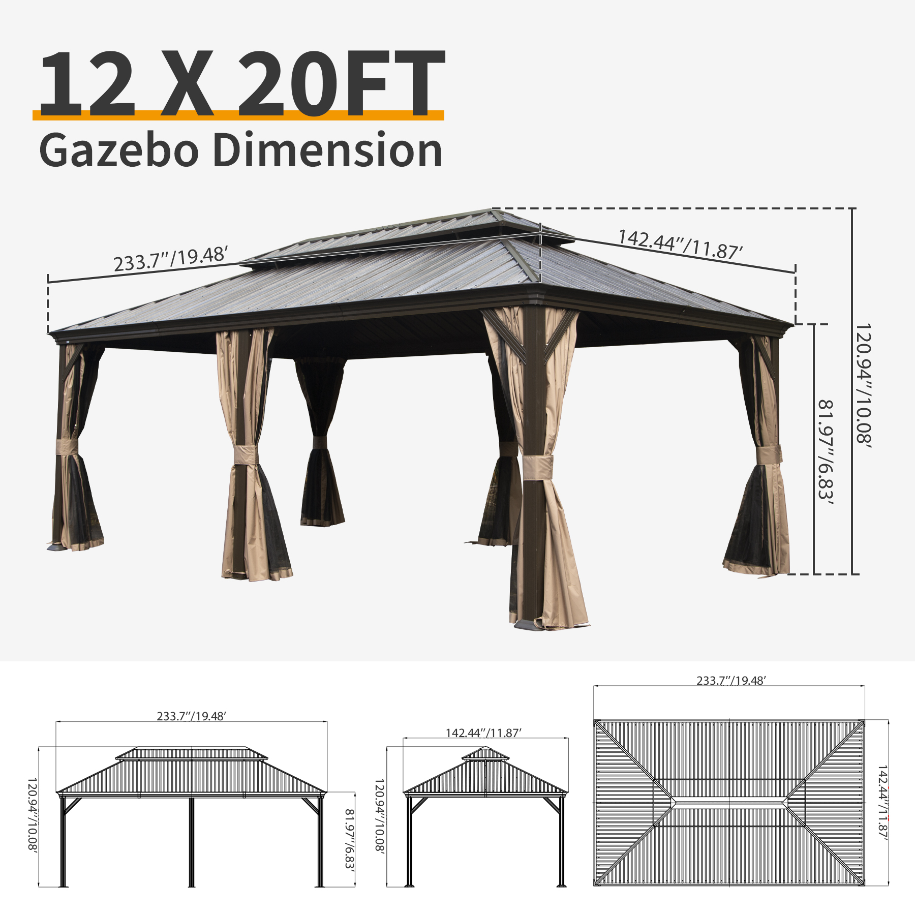 12  X 20  Hardtop Gazebo, Upgraded Metal Gazebo With Drainage System, Dual-Layer Galvanized Steel Roof, Curtain And Netting, Outdoor Shelter Canopy For Patio, Garden, And Backyard, Brown