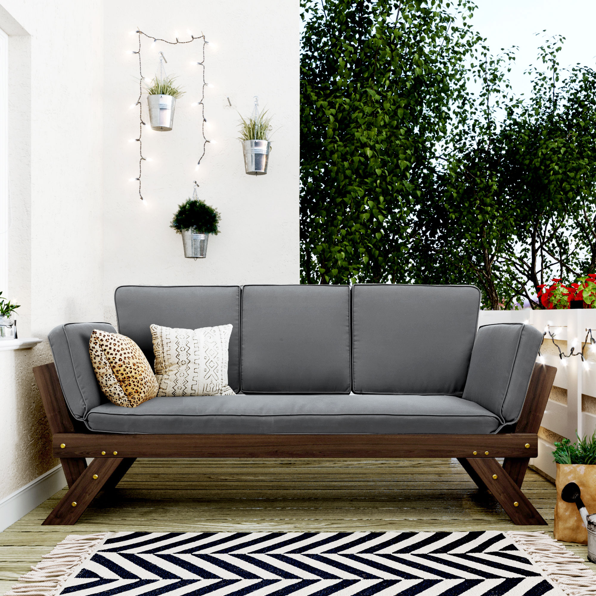 TOPMAx Outdoor Adjustable Patio Wooden Daybed Sofa Chaise Lounge With Cushions For Small Places  Brown Finish Gray Cushion