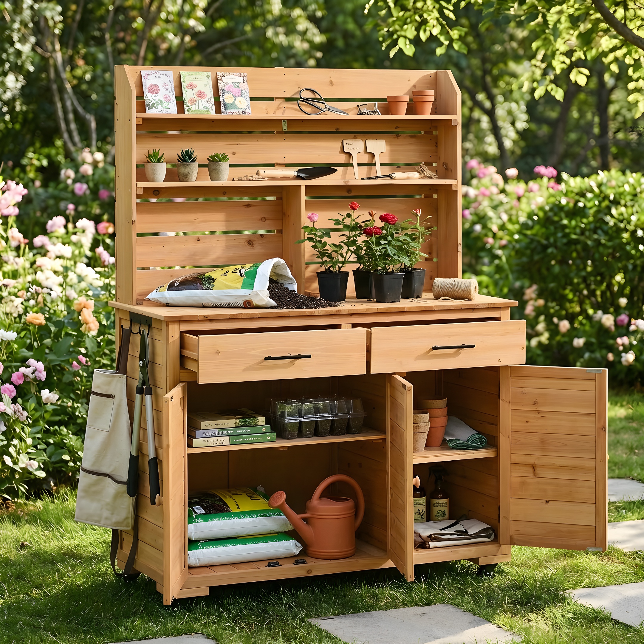Assembly Video- TOPMAx 65 H Large Garden Potting Bench With Lockable Wheel And Storage Cabinet  Wood Outdoor Kitchen Island Prep Cart With Hutch Top  Drawers And Removal Shelves For Grilling  Natural