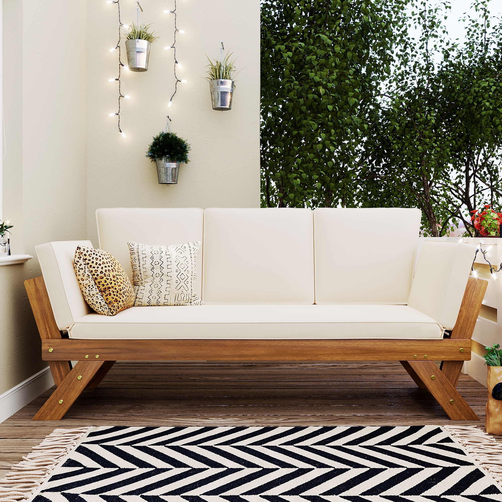 TOPMAx Outdoor Adjustable Patio Wooden Daybed Sofa Chaise Lounge With Cushions For Small Places  Natural Finish Beige Cushion