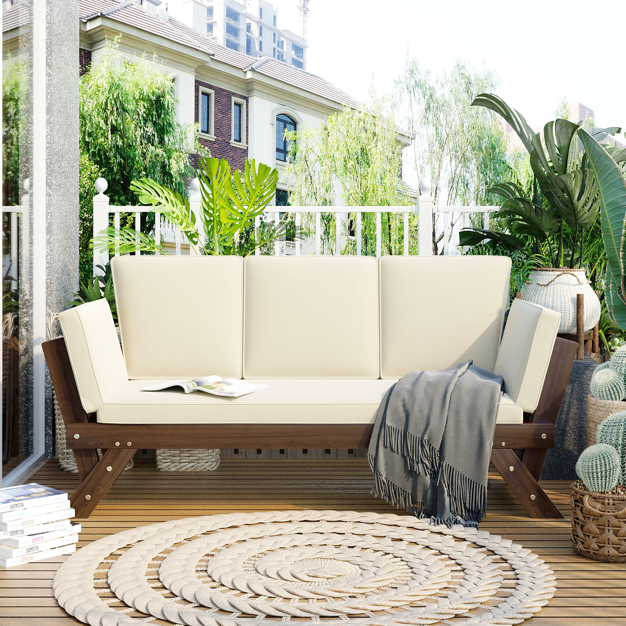 TOPMAx Outdoor Adjustable Patio Wooden Daybed Sofa Chaise Lounge With Cushions For Small Places  Brown Finish Beige Cushion
