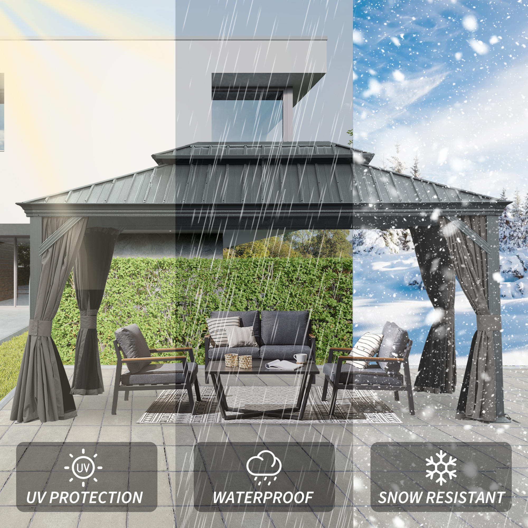 12  X 16  Hardtop Gazebo, Upgraded Metal Gazebo With Drainage System, Dual-Layer Galvanized Steel Roof, Curtain And Netting, Outdoor Shelter Canopy For Patio, Garden, And Backyard, Gray
