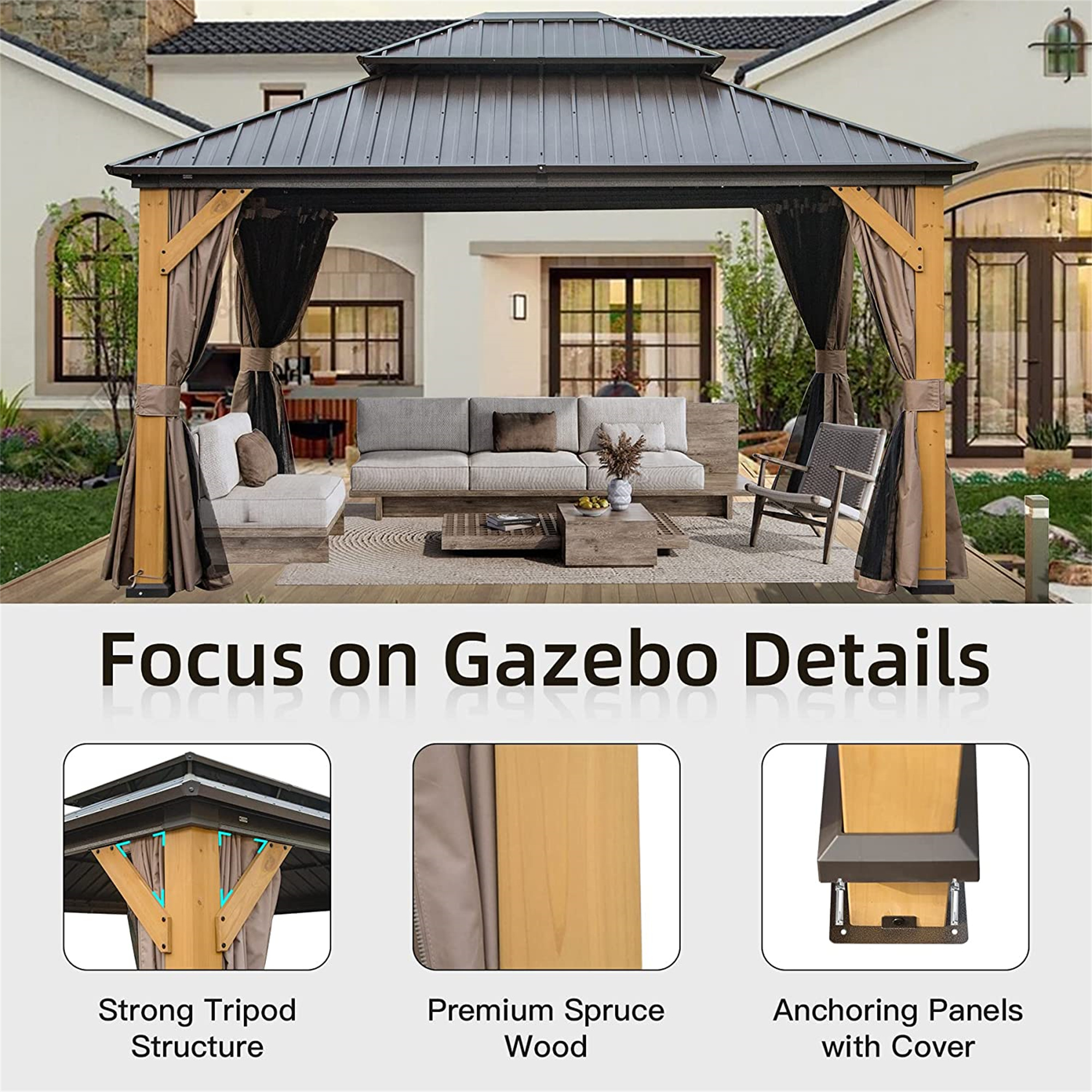 12 X14 Hardtop Gazebo, Outdoor Cedar Wood Frame Canopy With Galvanized Steel Double Roof, Outdoor Permanent Metal Pavilion With Curtains And Netting For Patio, Backyard And Lawn Brown