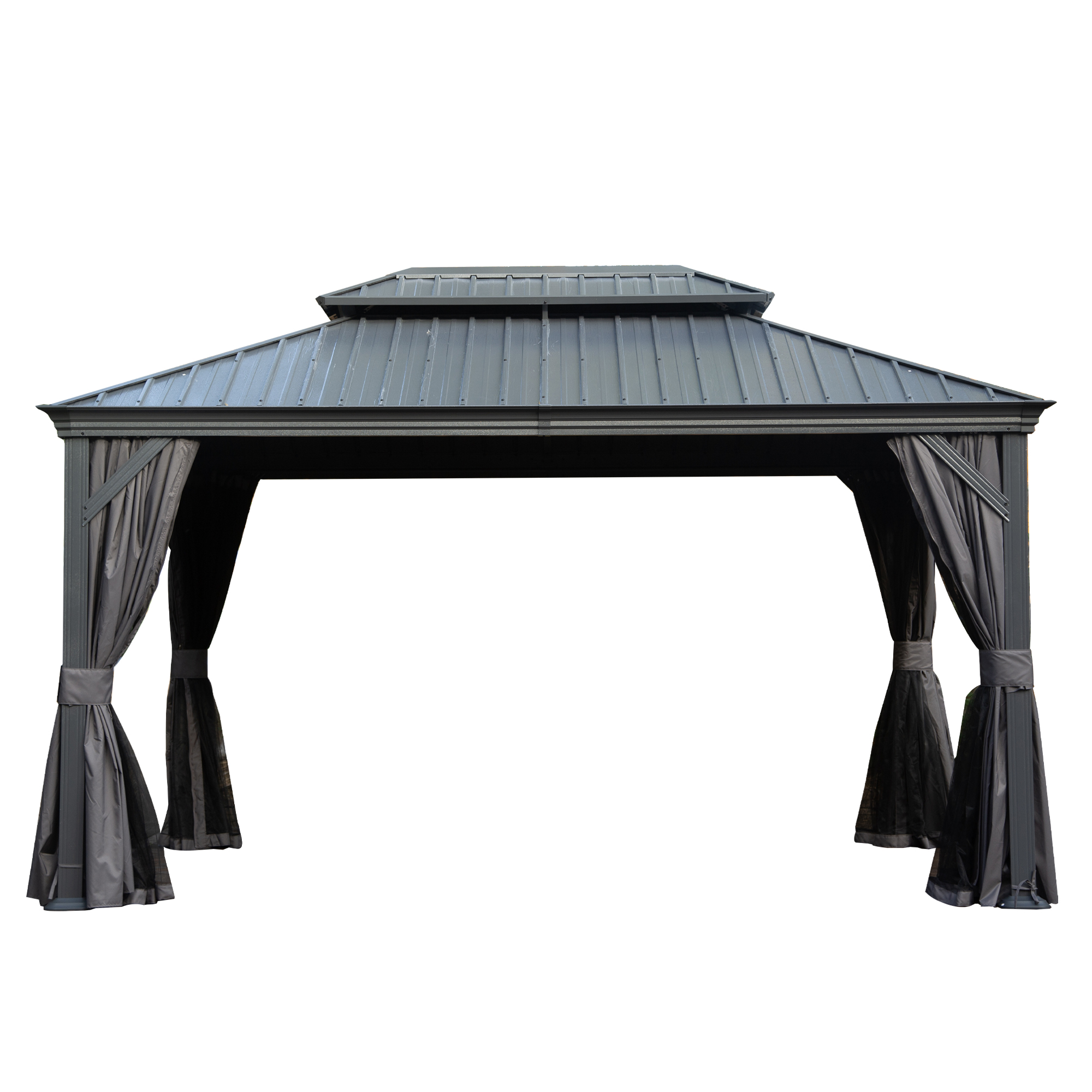 10 X 14 Hardtop Gazebo, Upgraded Metal Gazebo With Drainage System, Dual-Layer Galvanized Steel Roof, Curtain And Netting, Outdoor Shelter Canopy For Patio, Garden, And Backyard, Grey - Image 1