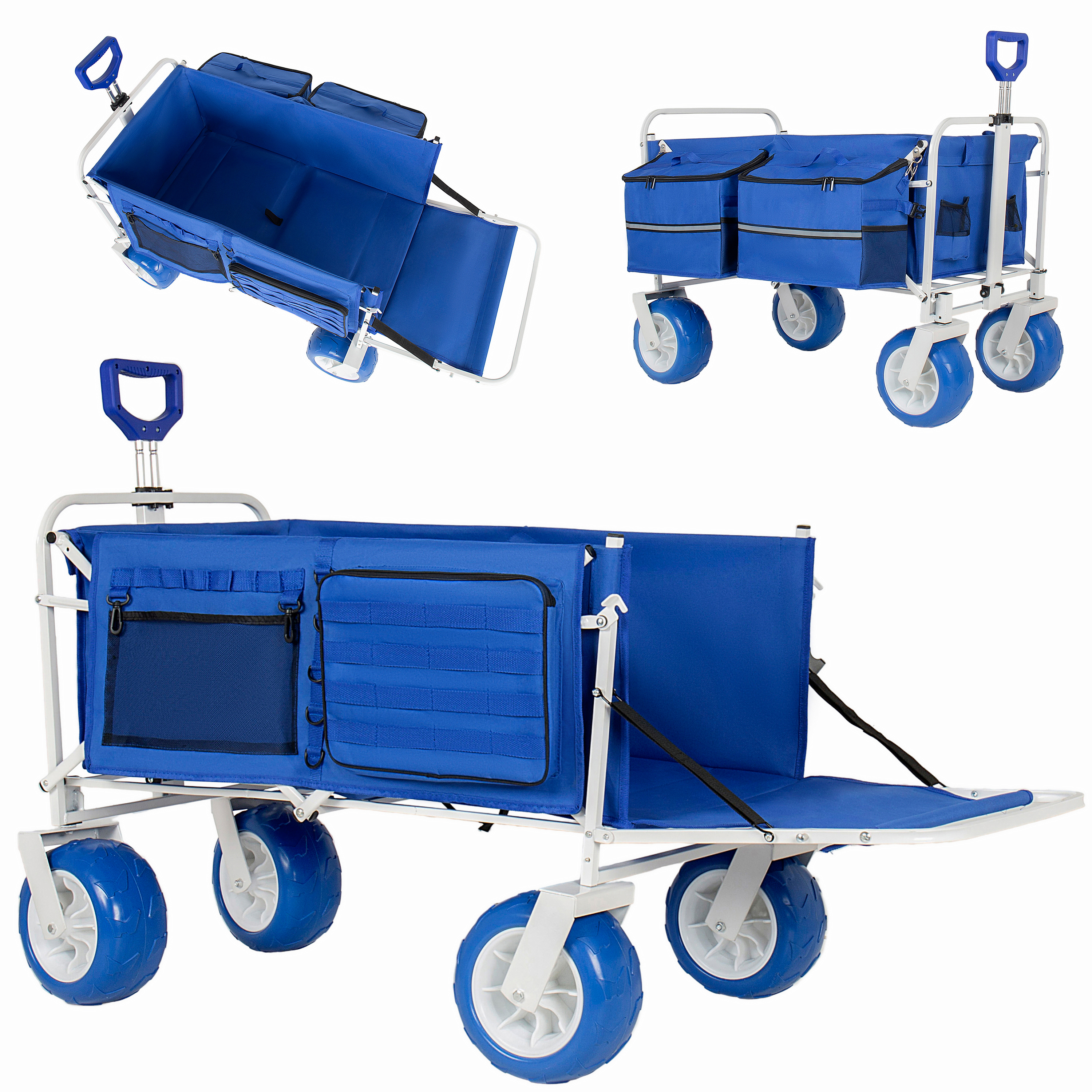 Beach Wagon Cart With Opened Tailgate And 9 All-Terrain Wheels 500lbs Heavy Duty Collapsible Folding Wagon Adjustable Handle Cooler & Storage Bags For Beach Camping Garden & Outdoor Sports Blue - Image 1