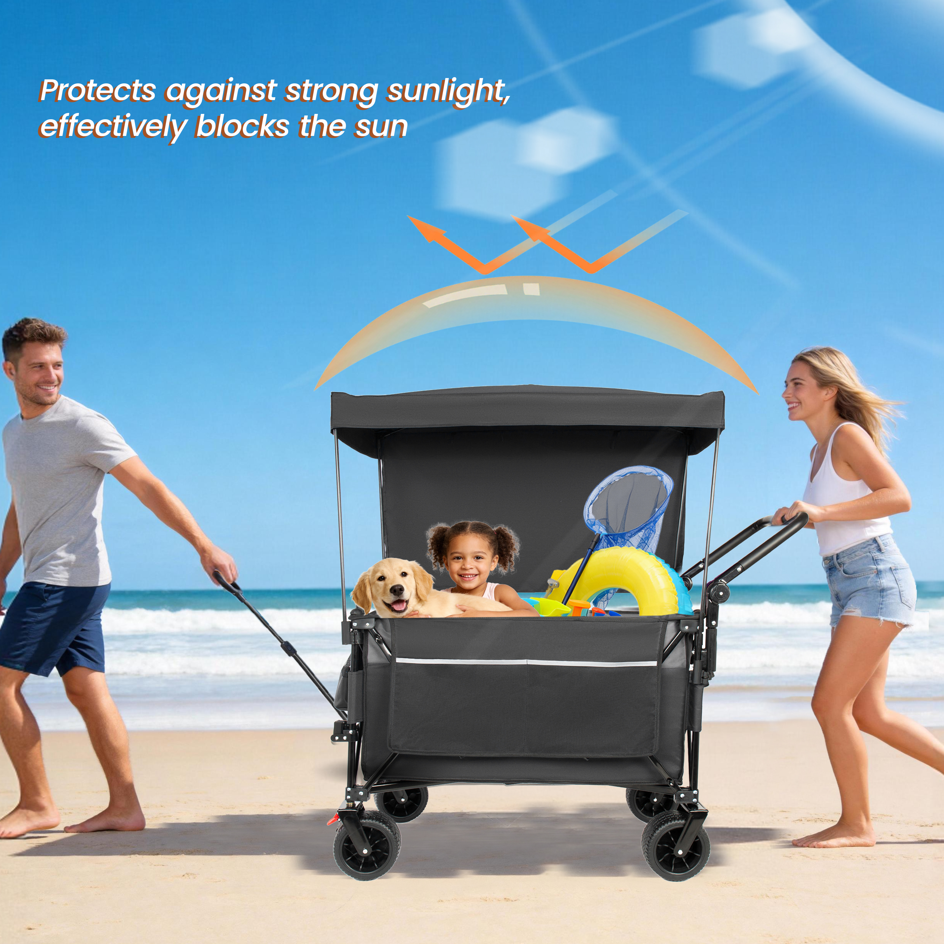 Multi- Functional Push- Pull Folding Wagon Cart With Rotating Handle & Canopy 7 X4 All- Terrain Wheels & Brakes Load Capacity 480lbs 300L Large Capacity For Transport Groceries Outdoor Use Black_voghion.com