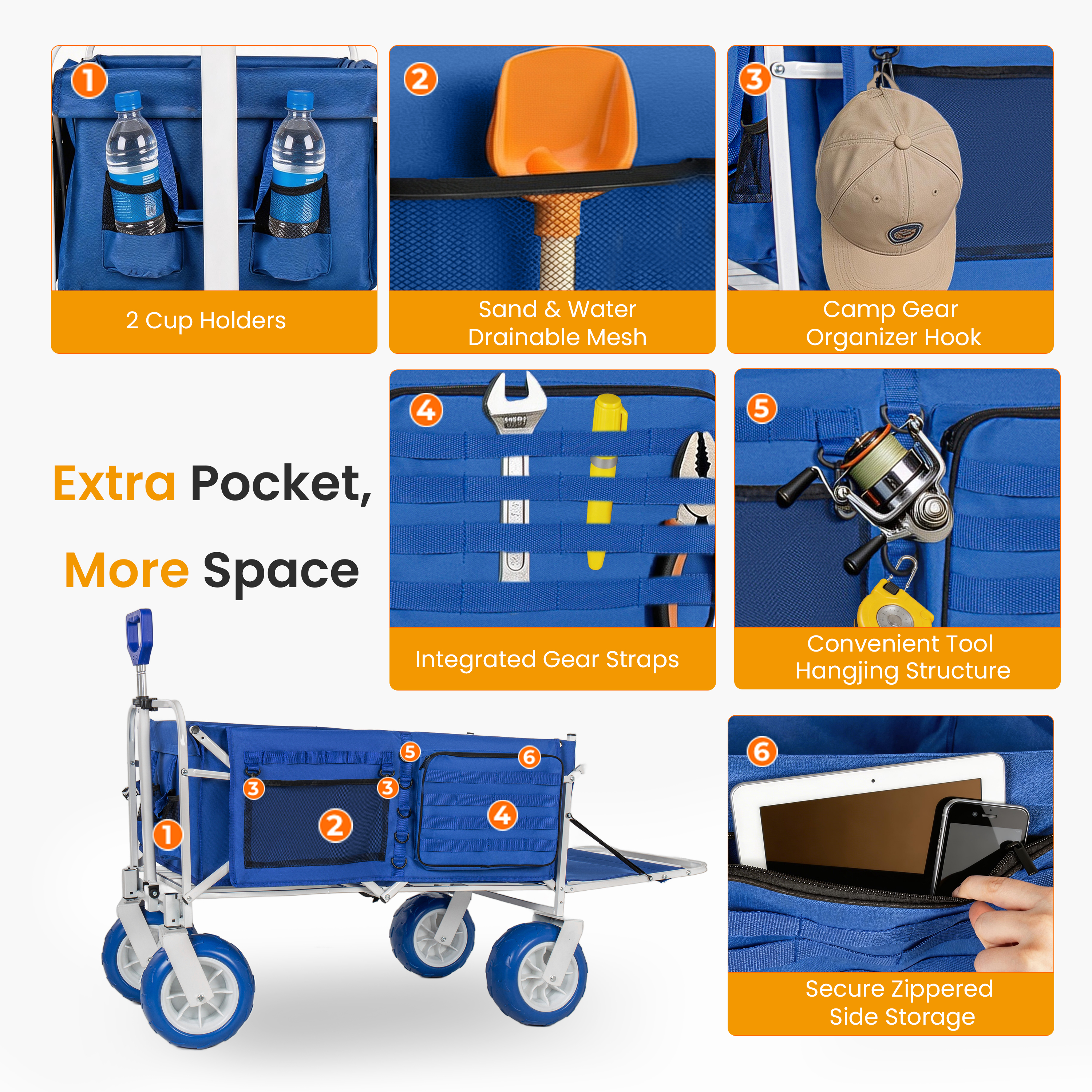 Beach Wagon Cart With Opened Tailgate And 9 All-Terrain Wheels 500lbs Heavy Duty Collapsible Folding Wagon Adjustable Handle Cooler & Storage Bags For Beach Camping Garden & Outdoor Sports Blue