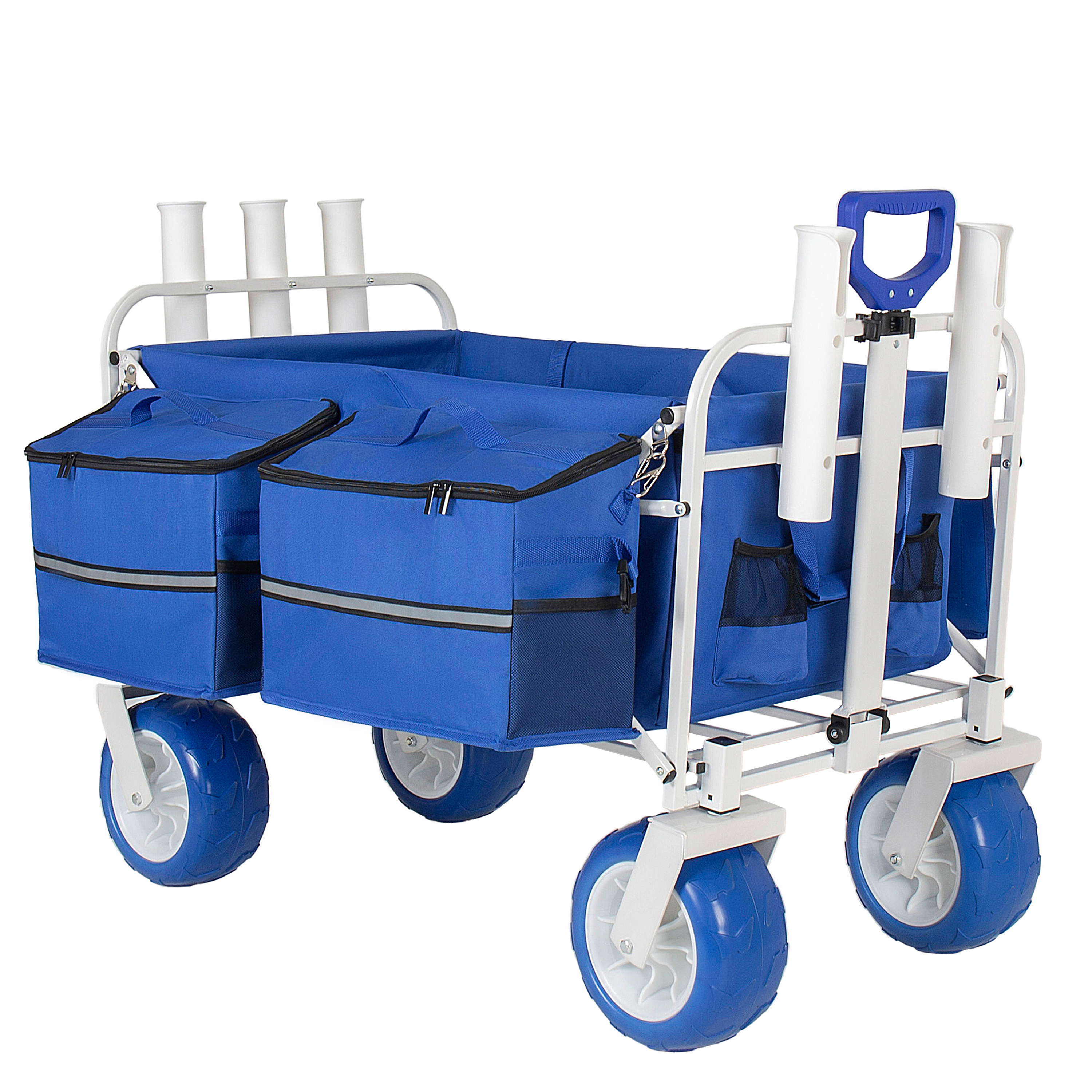 Beach Wagon Cart With Rod Holders And 9 All- Terrain Wheels 500lbs Heavy Duty Collapsible Folding Wagon Adjustable Handle Cooler & Storage Bags For Beach Camping Garden & Outdoor Sports Blue - Image 1
