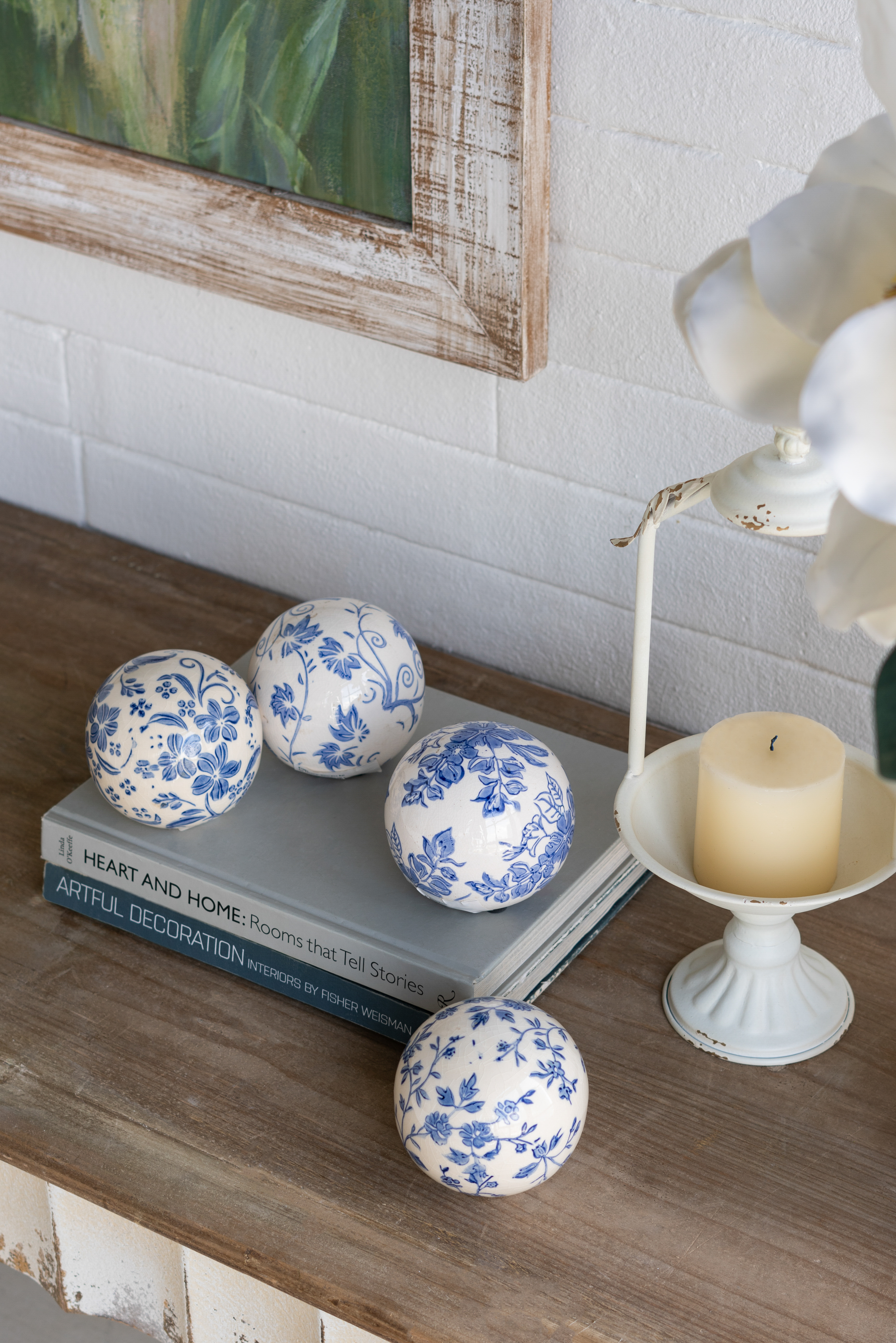 S 4 4x4x3.5  Blue And White Ceramic Decor Balls With Floral Patterns - Image 1