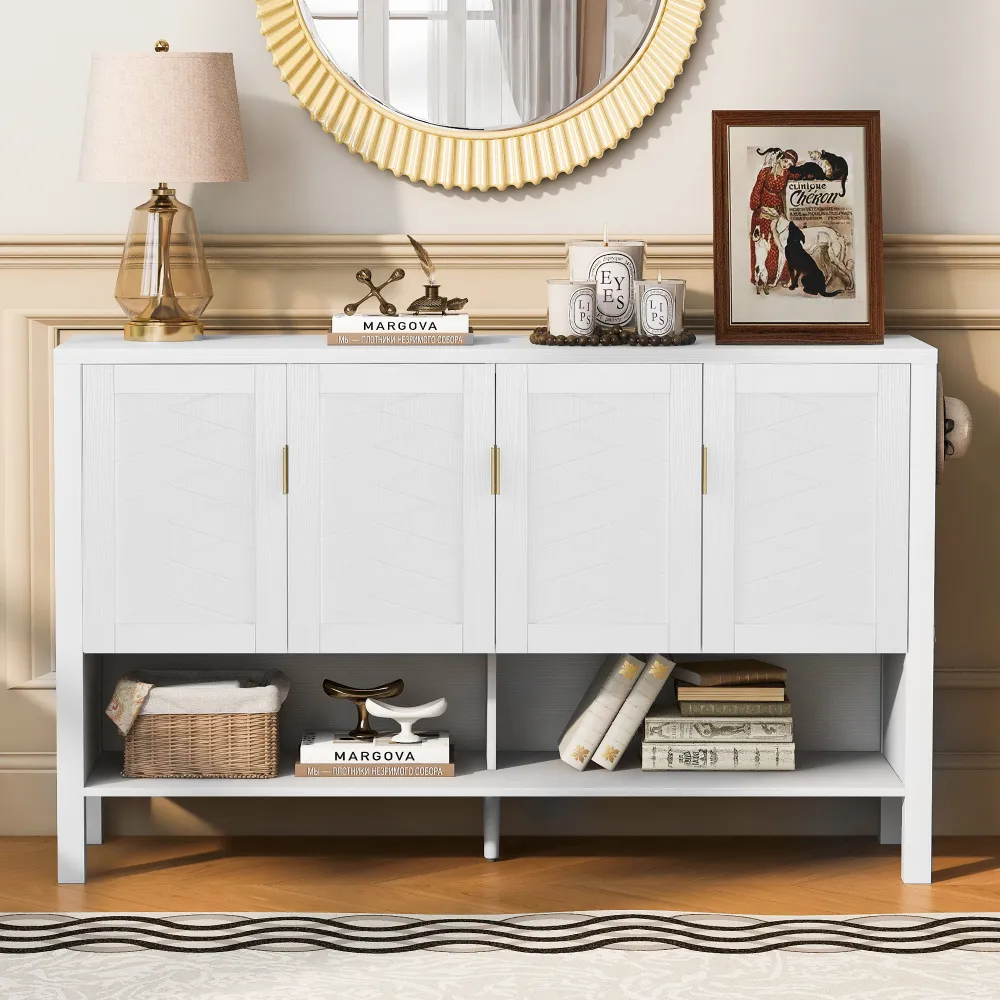 U-STYLE 55.1  Storage Sideboard With 4- Doors Multi Functional Buffet With Open Shelf And 2- Tiers Adjustable Shelves Modern Cabinet With Double Hooks Suitable For Living Room  Hallway  Dining Office.