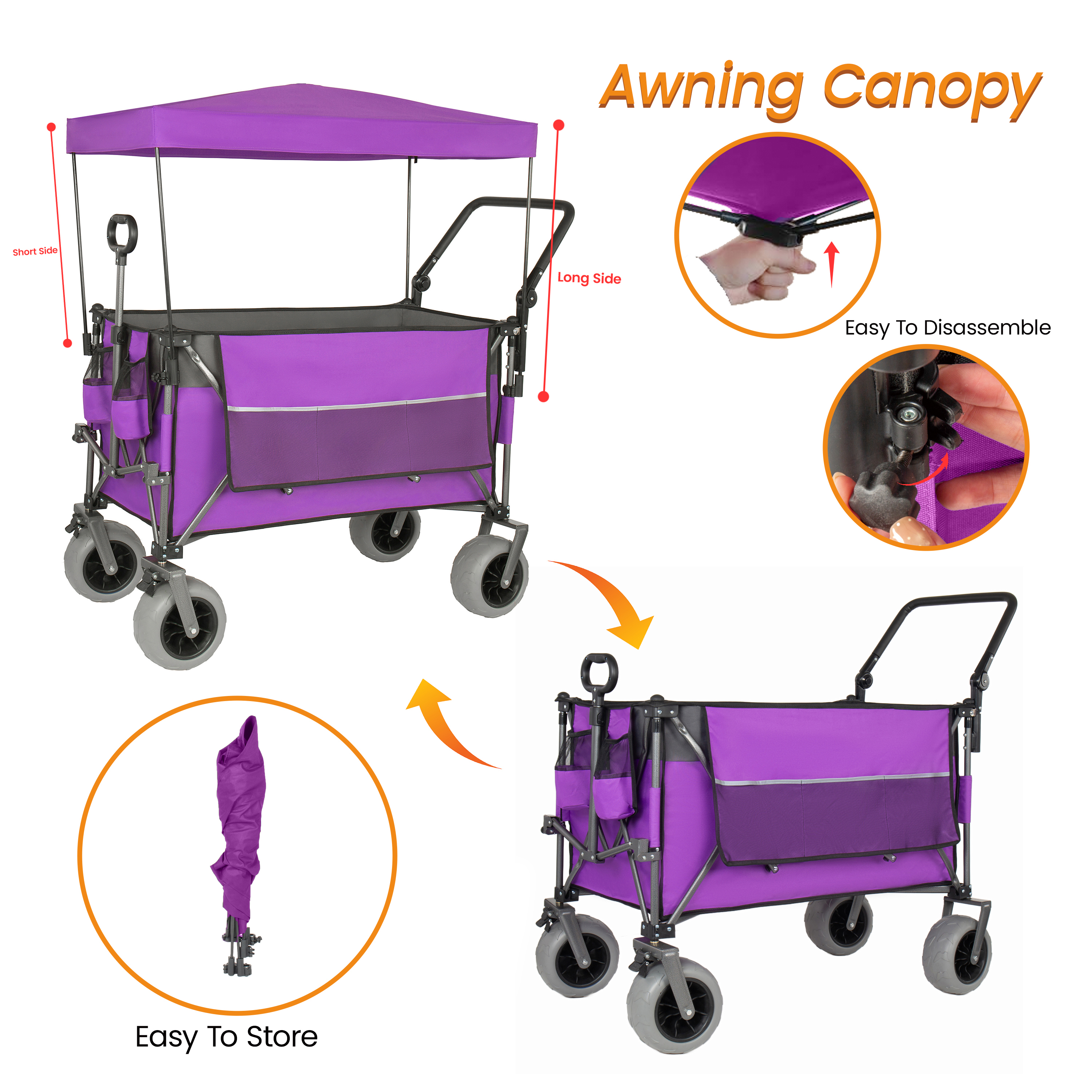 Multi- Functional Push- Pull Folding Wagon Cart With Rotating Handle & Canopy 9 X4 Beach Tires For Camping & Beach Load Capacity 480lbs 300L Large Capacity For Transport Groceries Outdoor Use_voghion.com