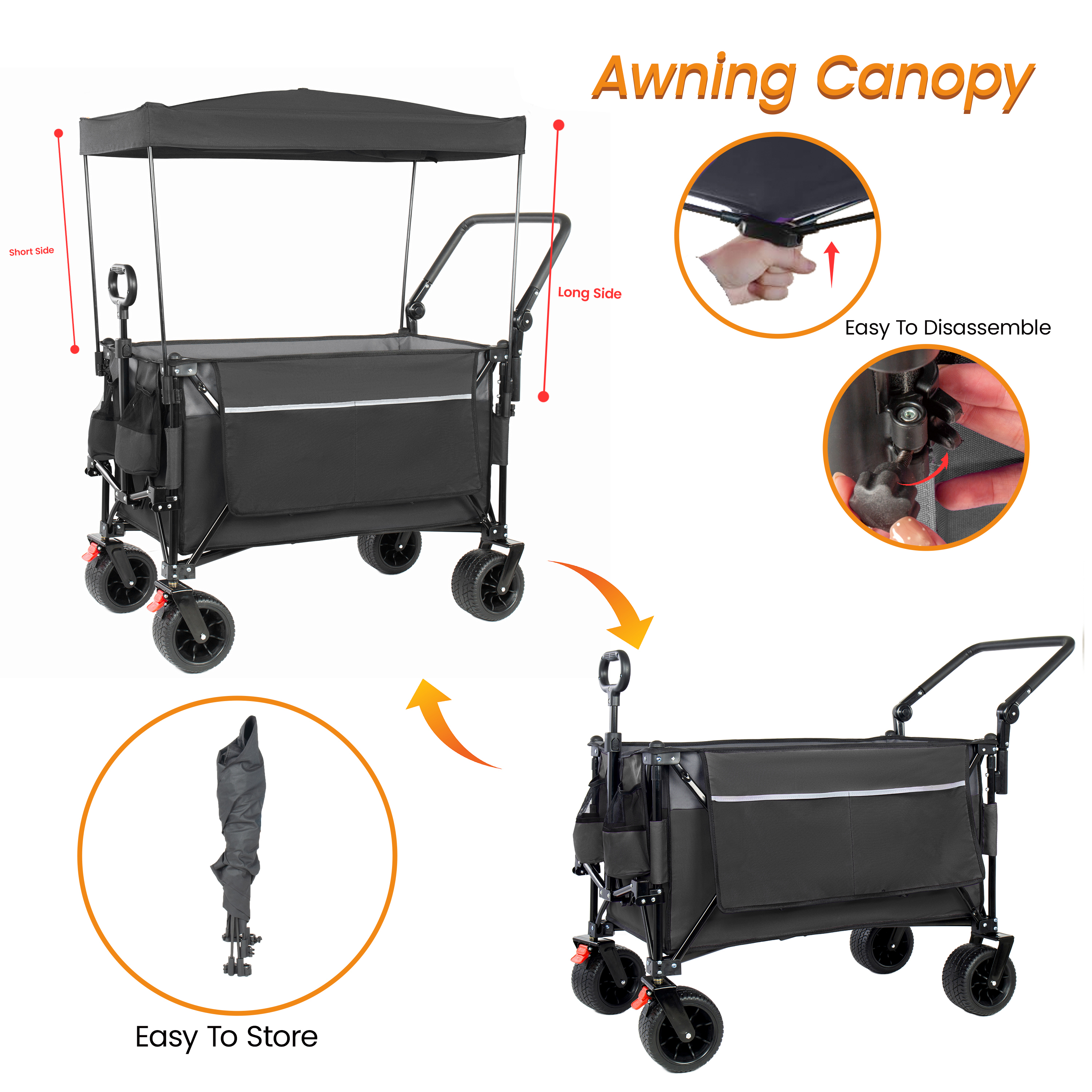 Multi- Functional Push- Pull Folding Wagon Cart With Rotating Handle & Canopy 7 X4 All- Terrain Wheels & Brakes Load Capacity 480lbs 300L Large Capacity For Transport Groceries Outdoor Use Black_voghion.com