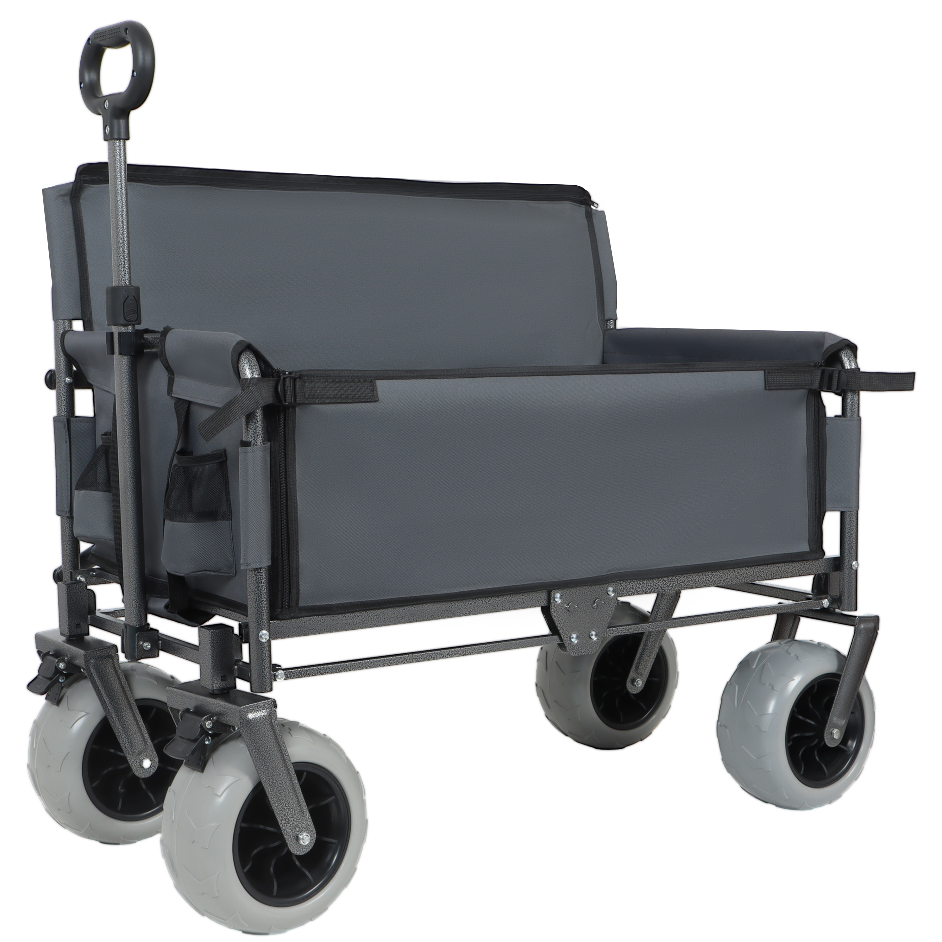 3-in-1 Folding Wagon Cart with Bench Seat 500 lb Capacity Wide Beach Tires