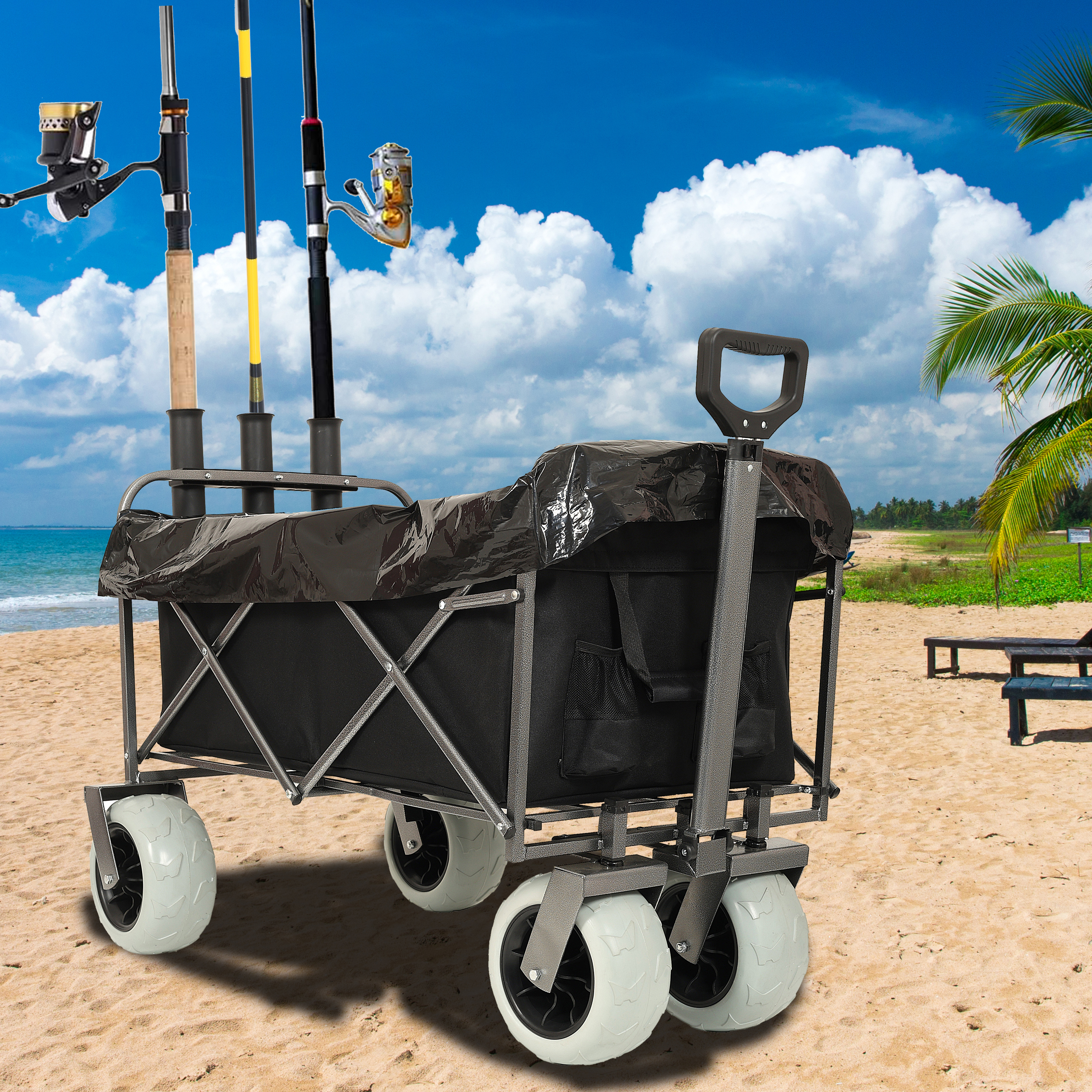 Fishing Cart With Rod Holders Beach Wagon With Big Wheels For Sand 500lbs Capacity - All Terrain Steel Frame Utility Cart With 9 Pneumatic Tires Strap With Multiuse Bag Black_voghion.com