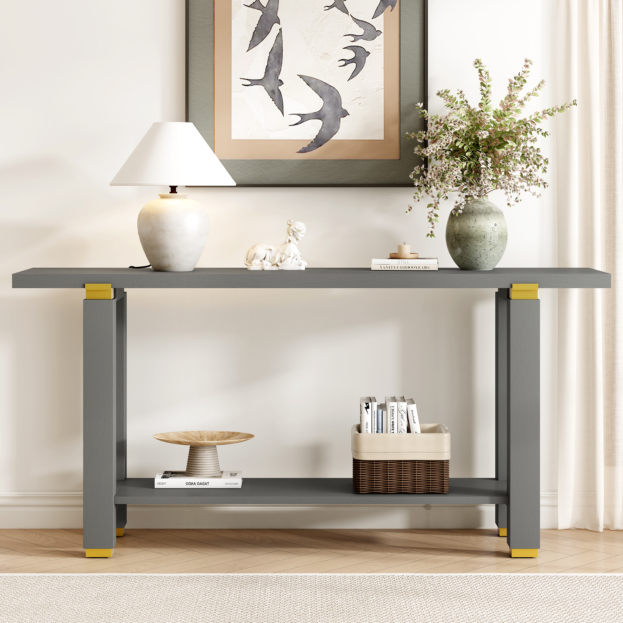 U-Style 62.9  Modern Minimalist Console Table  Solid Wood Entryway Sofa Table With Metal Accents  Built- In Shelf  For Living Room  Hallway  3 Colors   Black  Gray  Natural