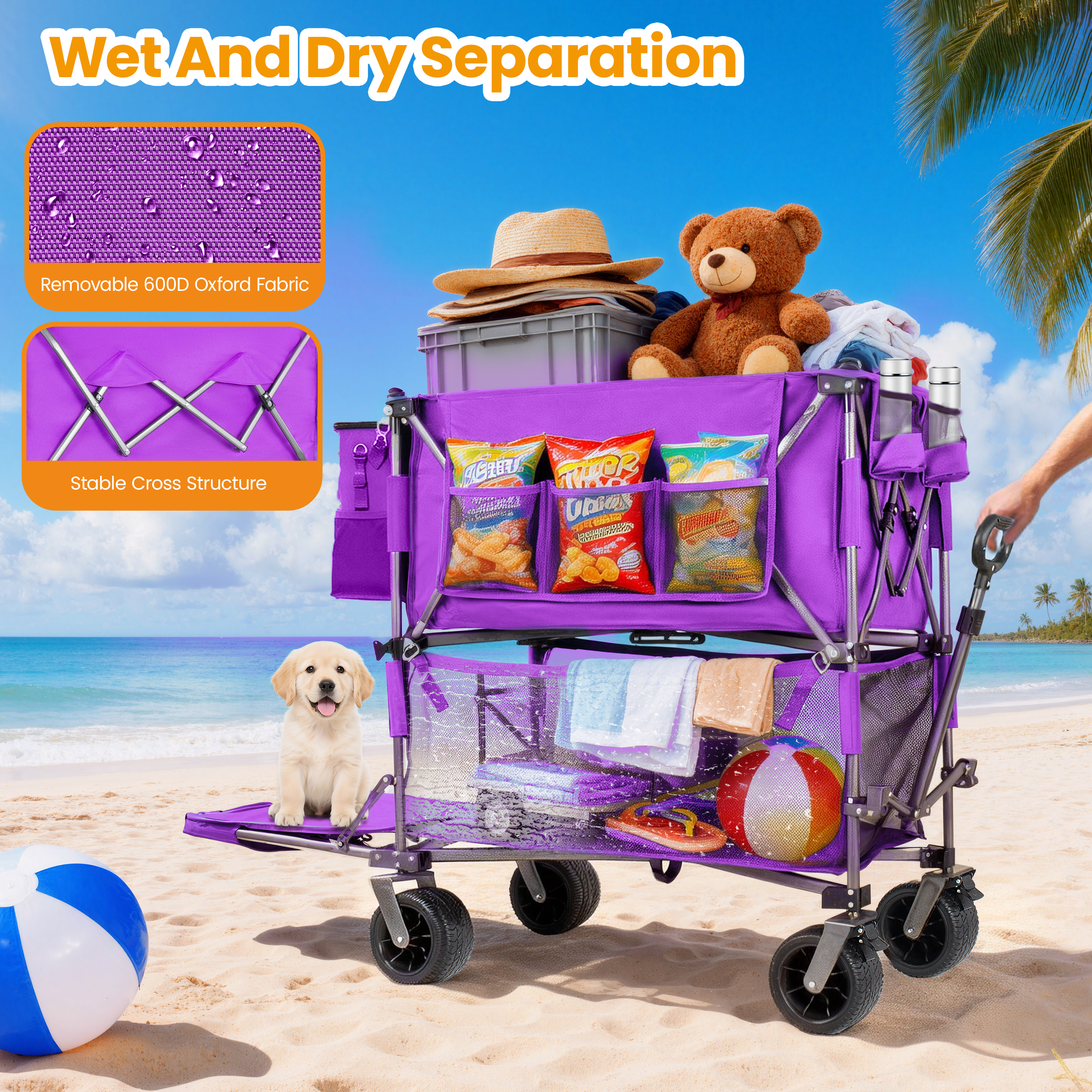 55  Heavy Duty Double- Layer Wagon With Brakes 560LBS Double Decker Wagon  650L Collapsible Wagons Carts With 7 X4 All- Terrain Wheels For Sports Camping Fishing Transport  Purple