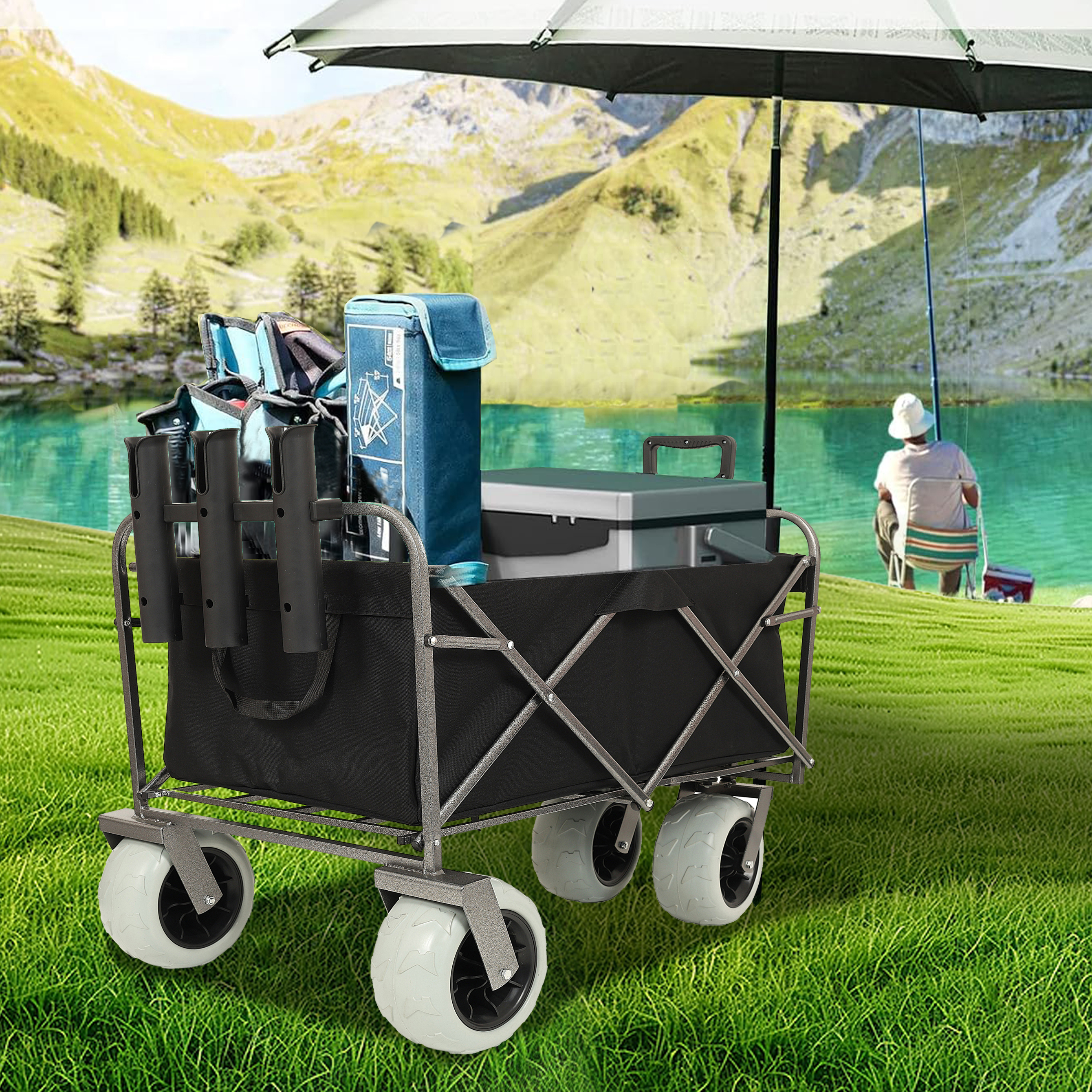 Fishing Cart With Rod Holders Beach Wagon With Big Wheels For Sand 500lbs Capacity - All Terrain Steel Frame Utility Cart With 9 Pneumatic Tires Strap With Multiuse Bag Black_voghion.com