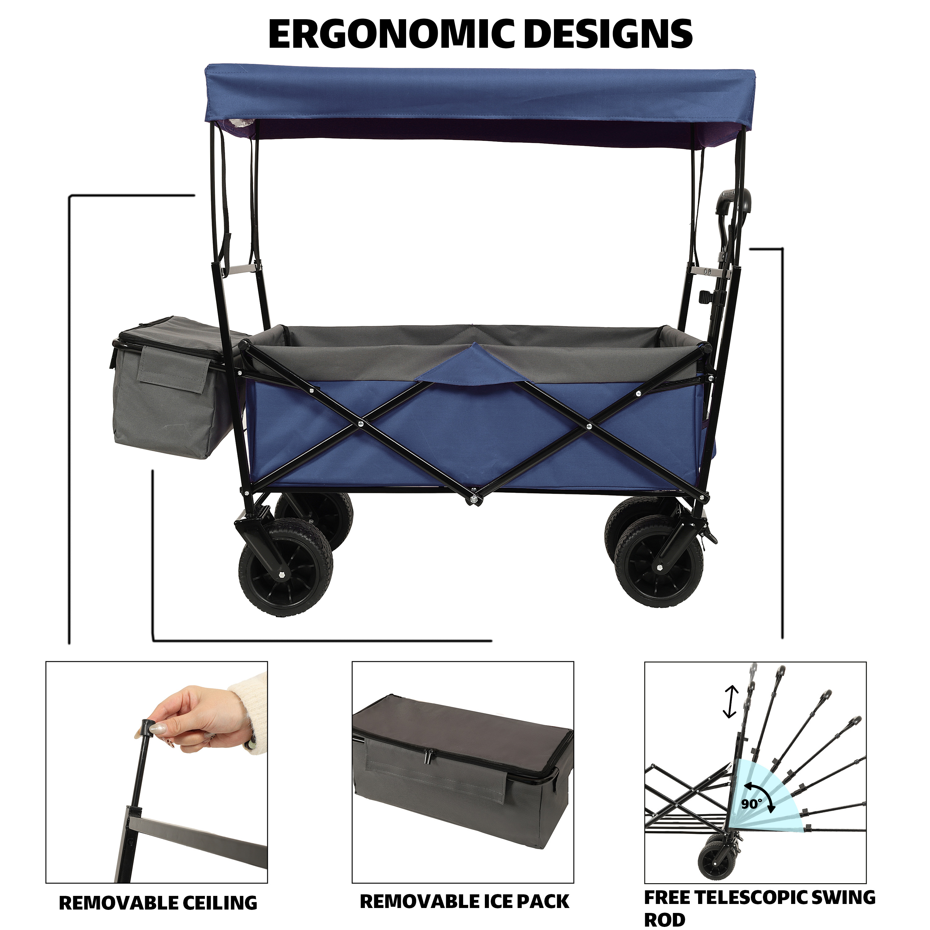 480Lbs Collapsible Wagon With Canopy Wagon Stroller With 7  All- Terrain Wheels  Lightweight Foldable Wagon  Large Capacity For Camping  Shopping  Sports  And Garden Use  Dark Blue With Mosquito Net