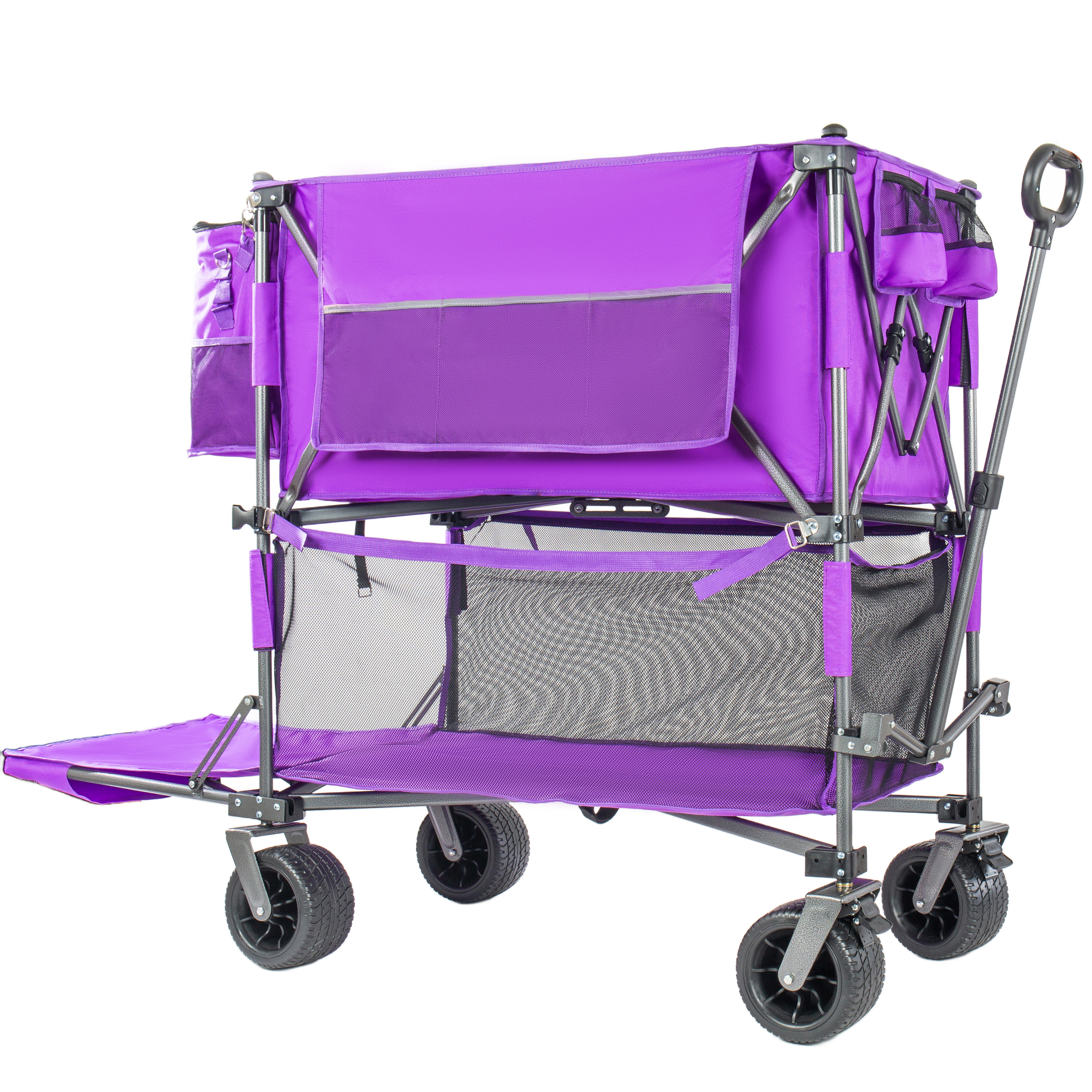 55  Heavy Duty Double- Layer Wagon With Brakes 560LBS Double Decker Wagon  650L Collapsible Wagons Carts With 7 X4 All- Terrain Wheels For Sports Camping Fishing Transport  Purple - Image 1