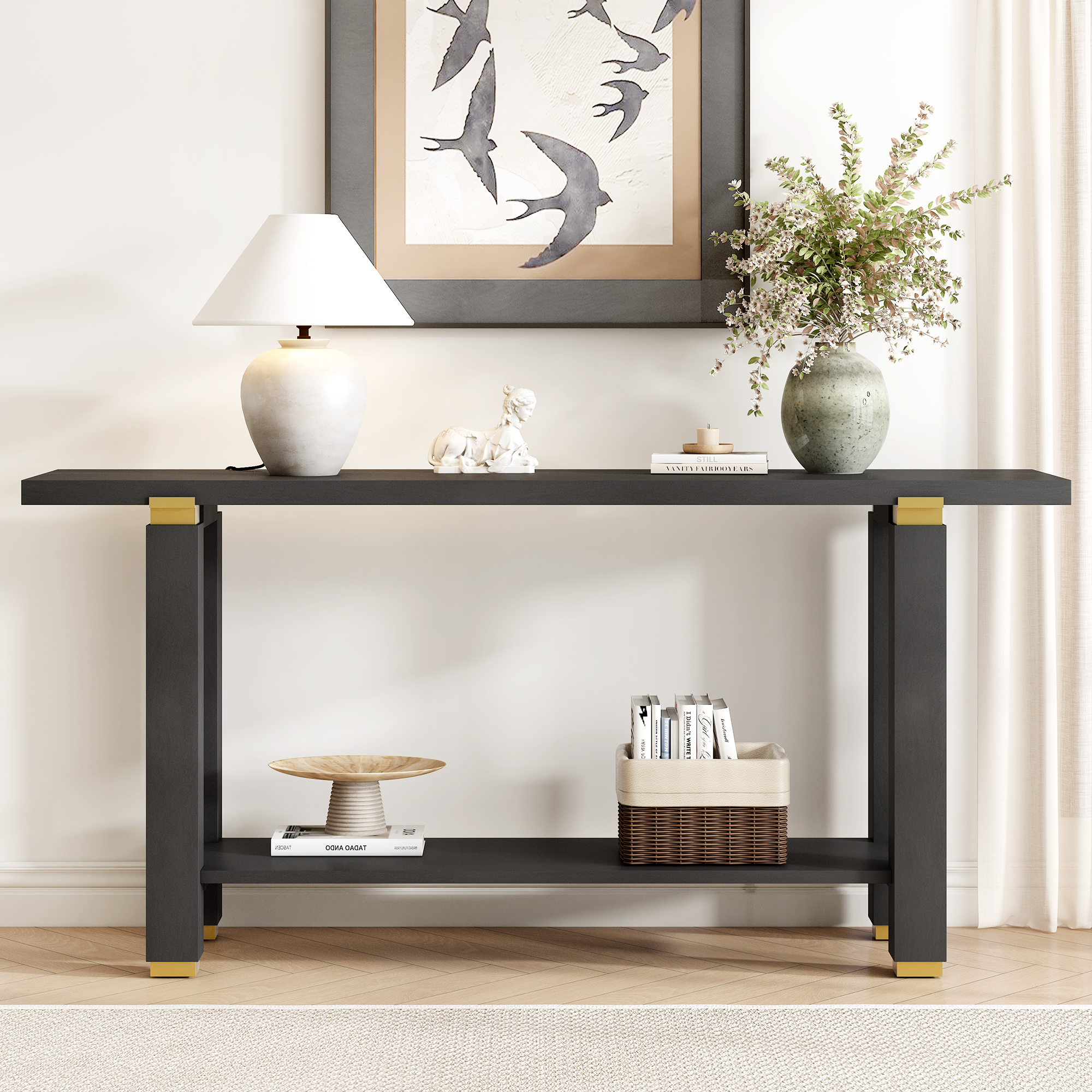 U Style 62.9  Modern Minimalist Console Table  Solid Wood Entryway Sofa Table With Metal Accents  Built In Shelf  For Living Room  Hallway  3 Colors Black  Gray  Natural