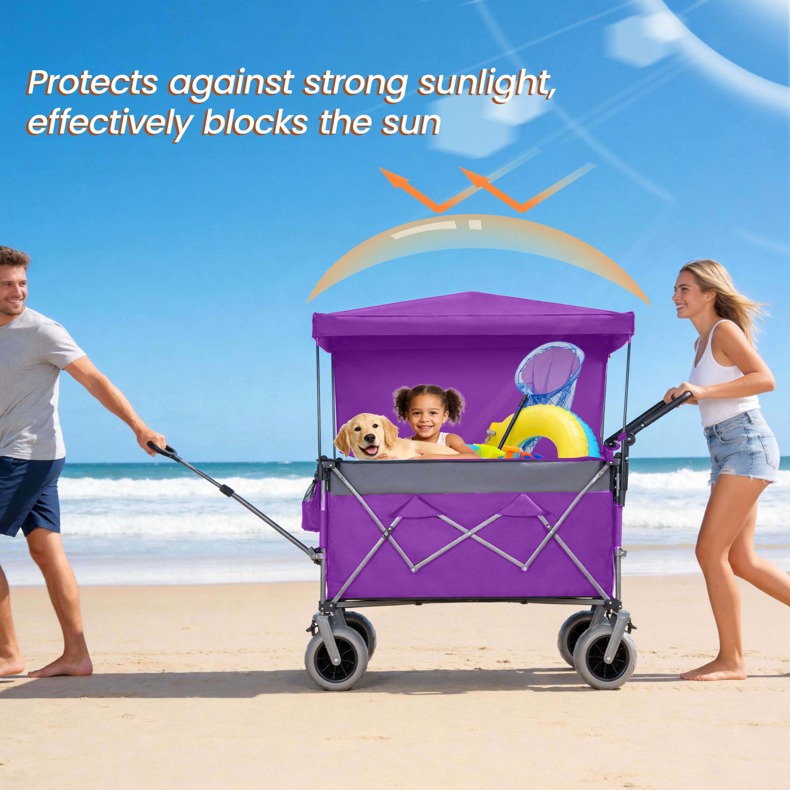 Multi- Functional Push- Pull Folding Wagon Cart With Rotating Handle & Canopy 9 X4 Beach Tires For Camping & Beach Load Capacity 480lbs 300L Large Capacity For Transport Groceries Outdoor Use_voghion.com