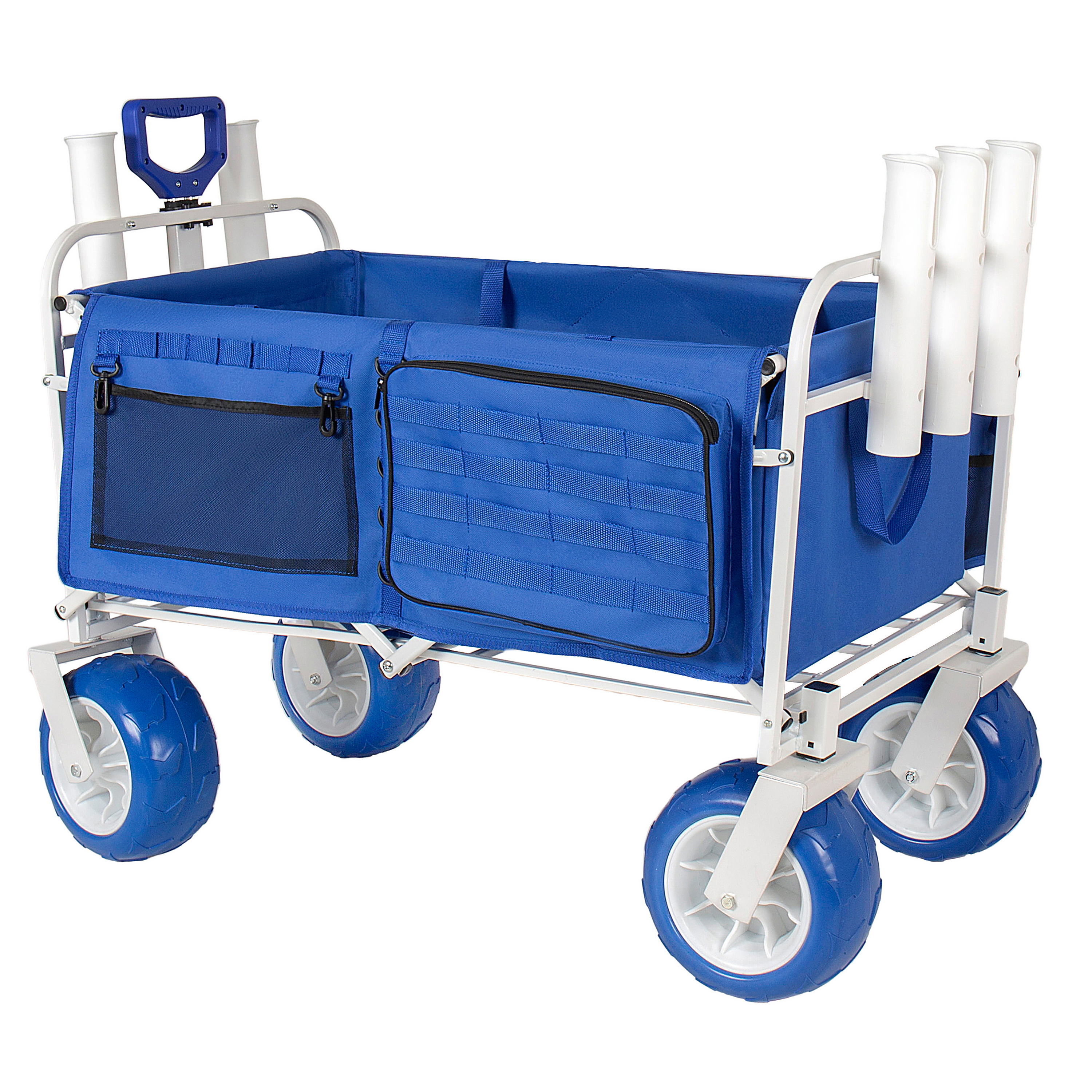 Beach Wagon Cart With Rod Holders And 9  All- Terrain Wheels  500lbs Heavy Duty Collapsible Folding Wagon  Adjustable Handle  Cooler & Storage Bags For Beach  Camping  Garden & Outdoor Sports  Blue