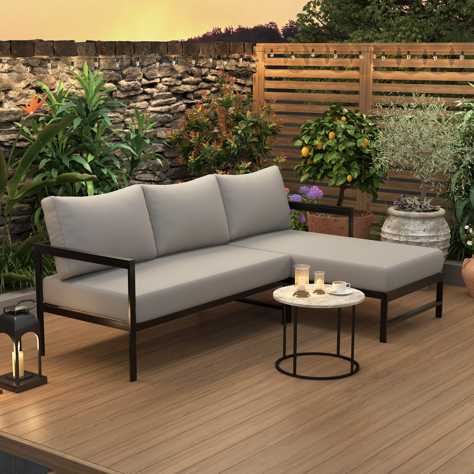 U-style Outdoor L- Shaped Sofa With Iron Frame Weather- Resistant Patio Sofa Set With Ultra- Thick Cushions Comfortable Seating For 3 Ideal For Patio  Balcony And Garden