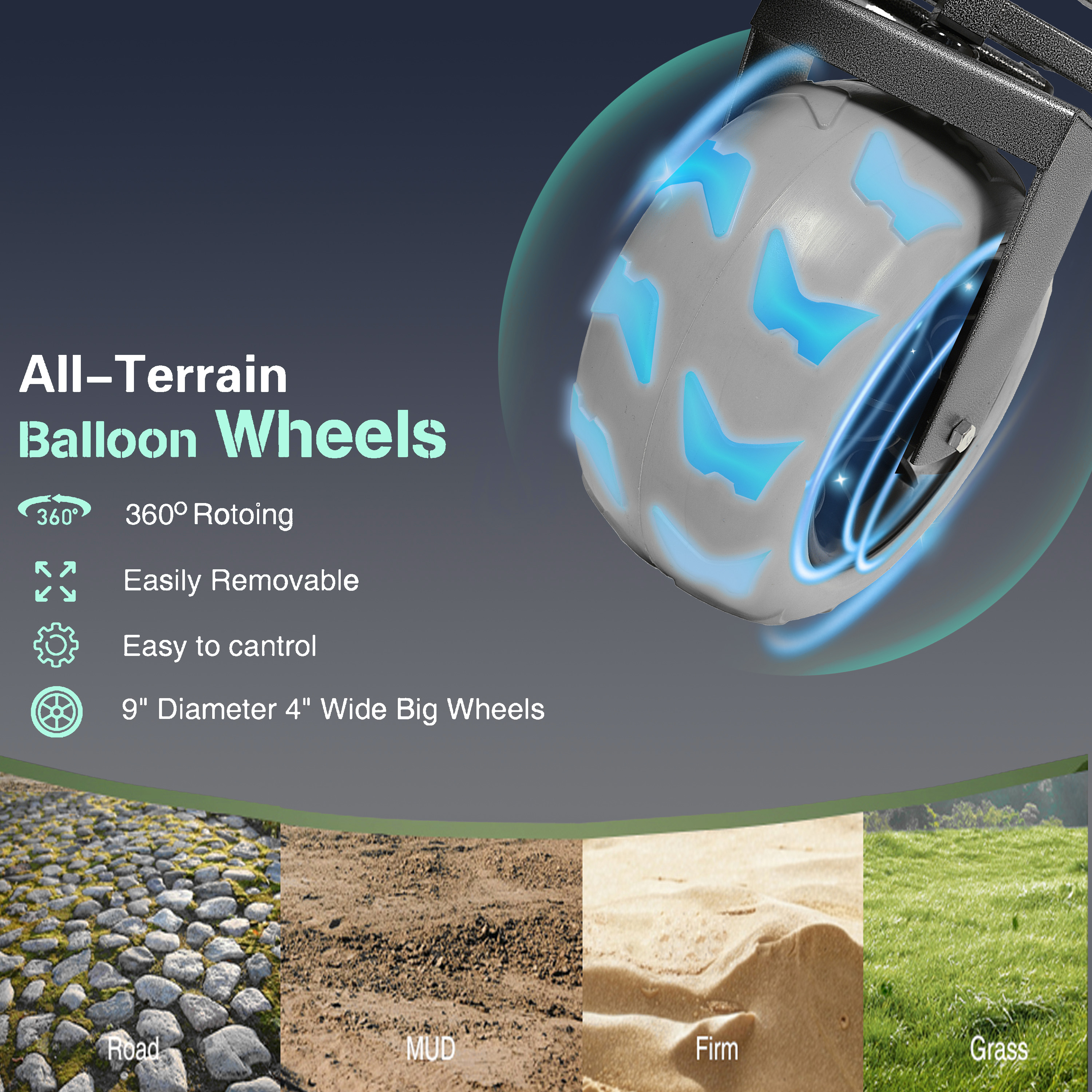 9  X 4  All- Terrain Balloon Wheels  300L XL Heavy- Duty Folding Wagon Cart -  480lbs Capacity  Conquers Sand & Rough Terrain  W Brakes  Pockets  Cup Holders  Black Gray