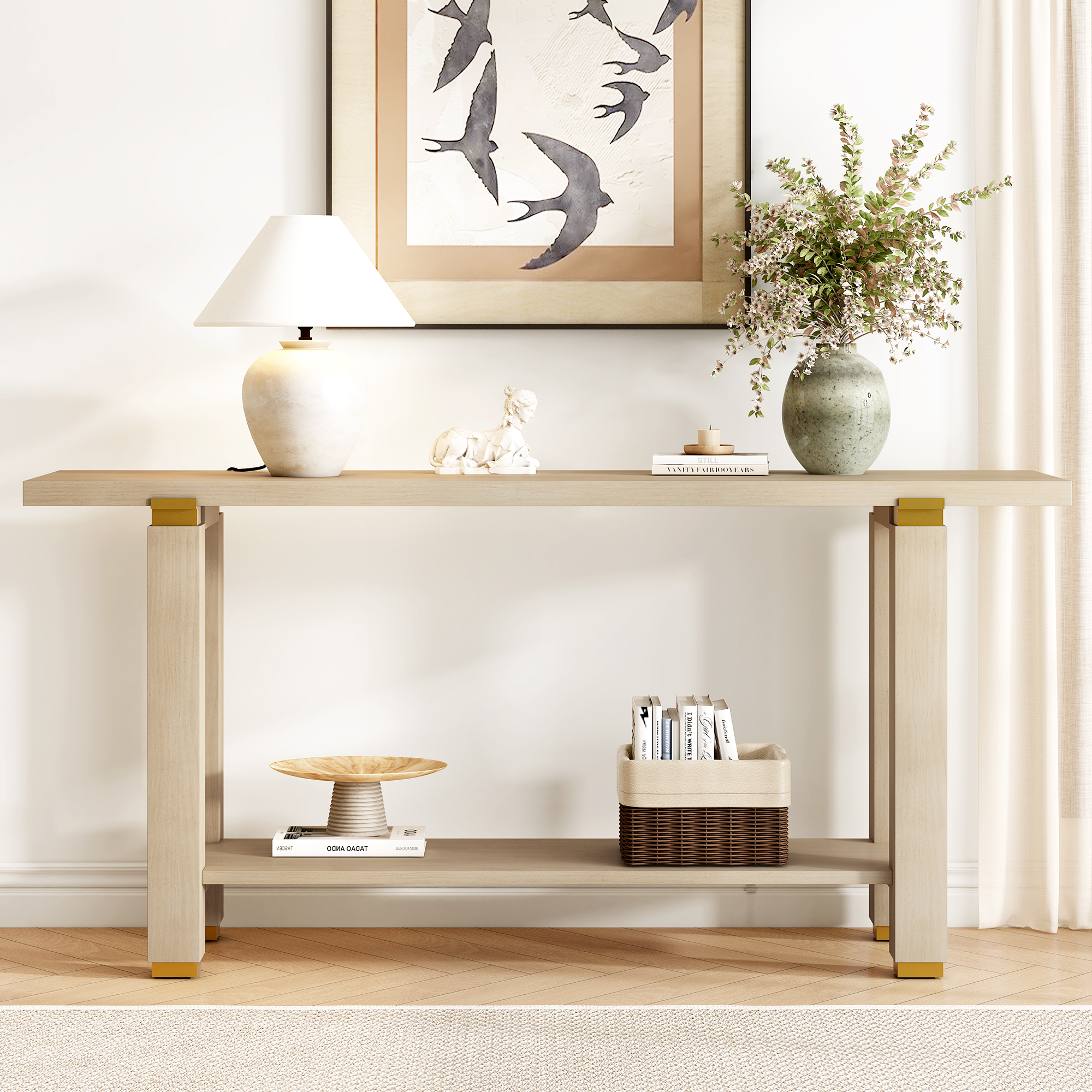 U-Style 62.9  Modern Minimalist Console Table  Solid Wood Entryway Sofa Table With Metal Accents  Built- In Shelf  For Living Room  Hallway  3 Colors  Black  Gray  Natural