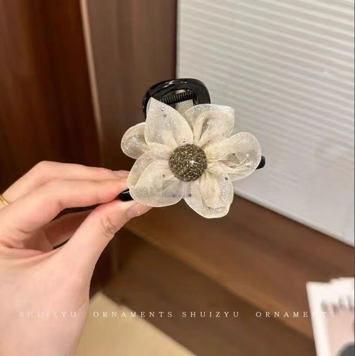 Rhinestone flower grab clip-white-mesh-1 piece