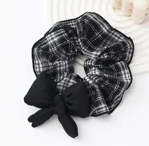 Bow tie hair ring-plaid style-black