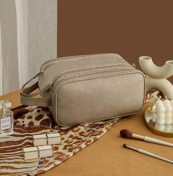 Double zipper cosmetic bag-camel color-33.50 * 20.5 *2-1 piece