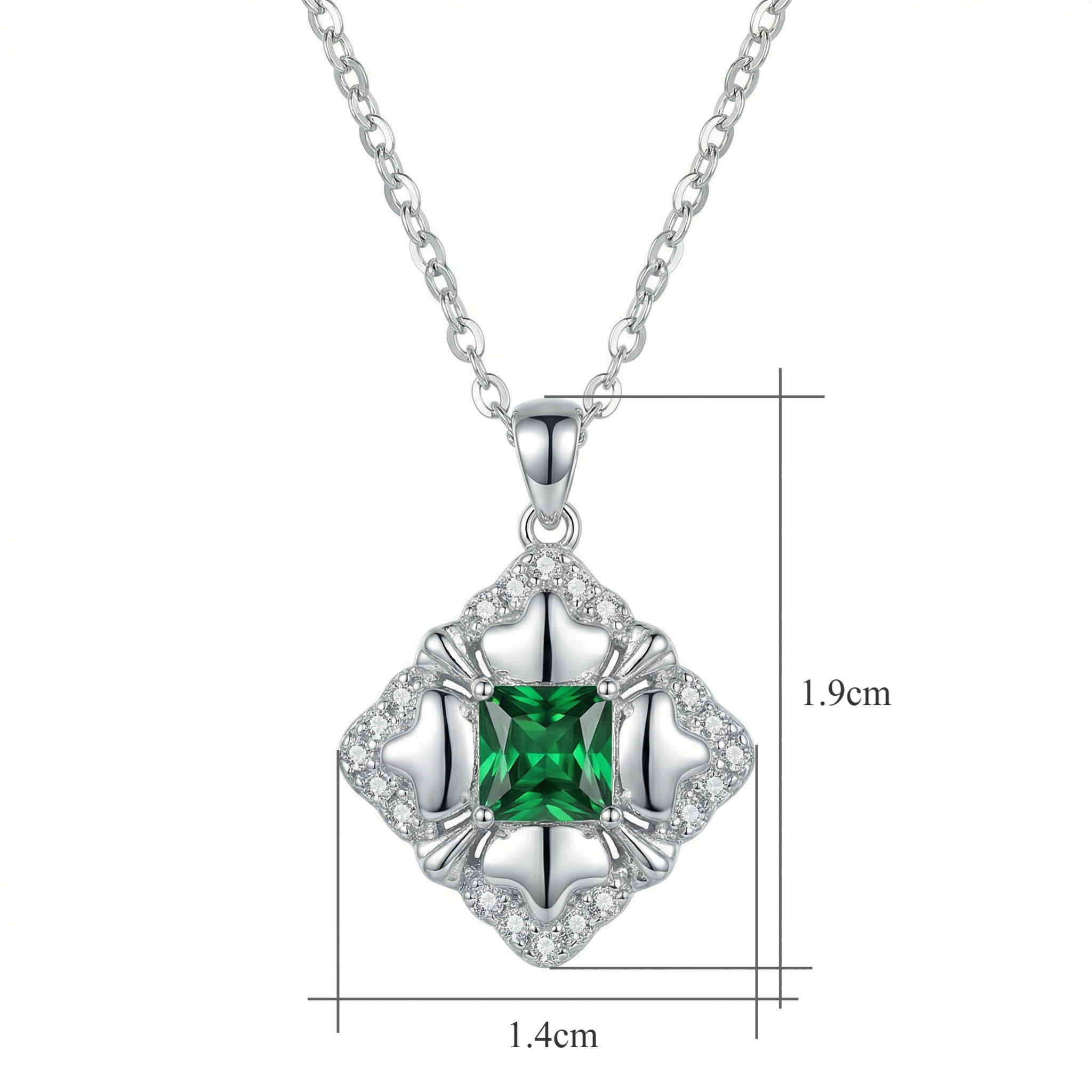 925 Sterling Silver Sterling Silver Vintage-Inspired Square Emerald Pendant Necklace with Sparkling Halo