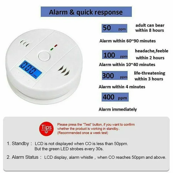 CO Detector Alarm LCD Combination CO Carbon Monoxide Gas Battery Warning Home