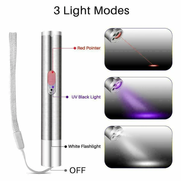 3in1 1mw Cat Laser Pointer Pen USB Rechargeable For Cat Toy White Torch & UV Light