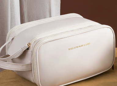 Cosmetic bag-simple double zipper model-beige-pu material-1 piece